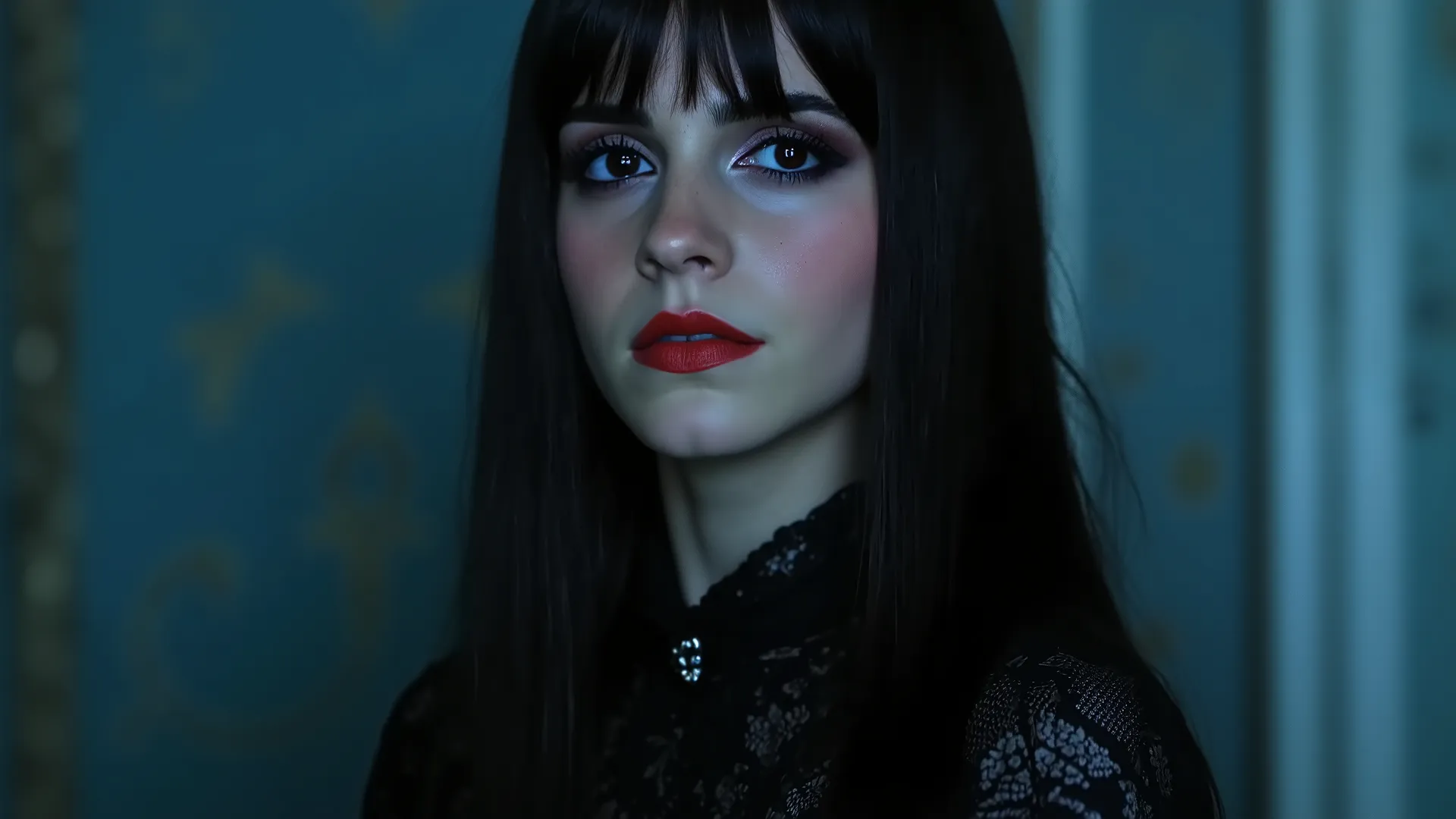 Portrait of a young goth woman with long, straight black hair, fair skin, and deep blue eyes. Her strawberry-colored lips and delicate expression stand out against a cool-toned, softly lit background. She wears a dark lace outfit with elegant details, capt...