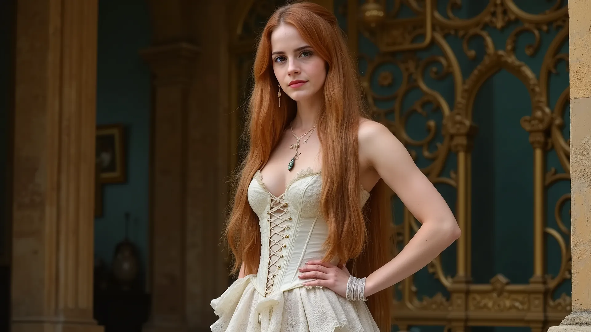18th century , Realistic photo , Rapunzel hair , ginger , girl , ginger hair , ginger hair , Beautiful face , sexy short slip  dress design , Beautiful set , Lace dress , Princess lingerie Dress , beautiful, nice skirt fabric , very long blonde hair , very...