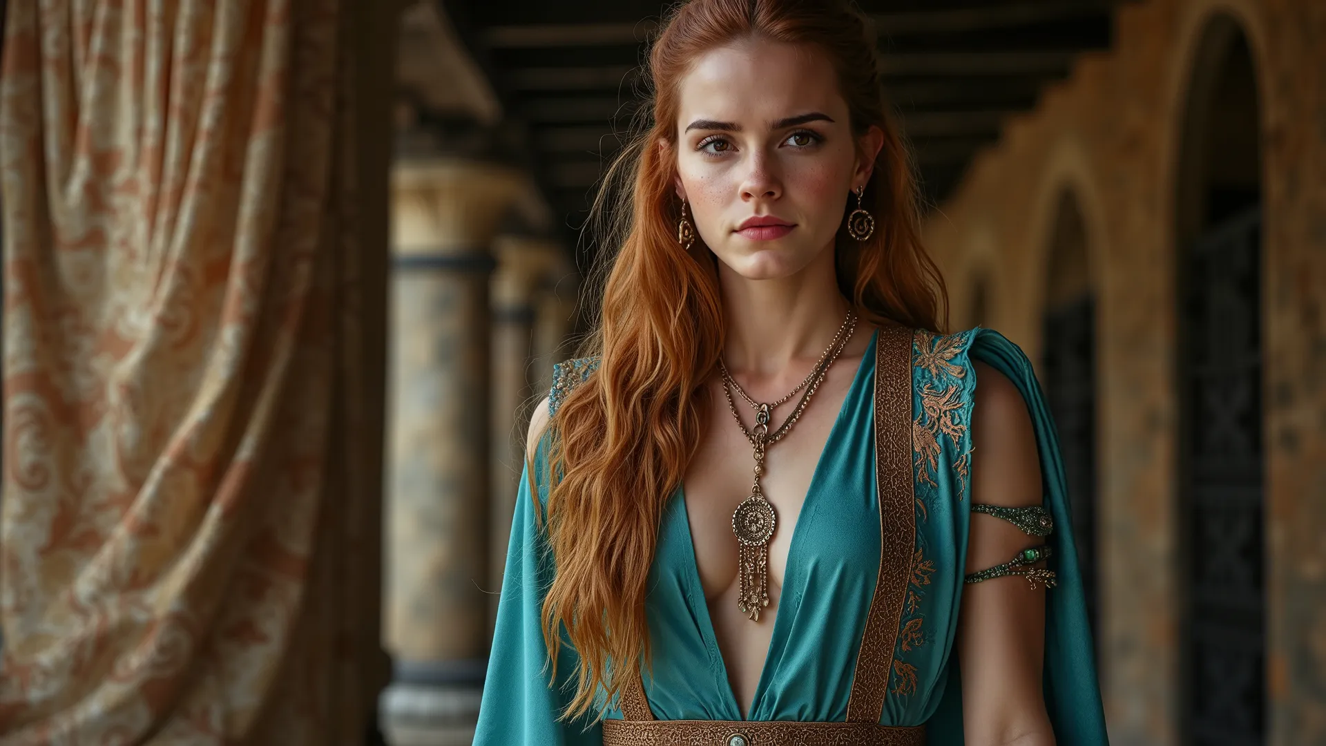 A breathtakingly beautiful ancient Norse goddess, Freya, portrayed with striking Northern European allure—smooth porcelain skin, hazel eyes, and flowing auburn hair that cascades down her back. Her heritage reflects a blend of Swedish and Finnish lineage. ...