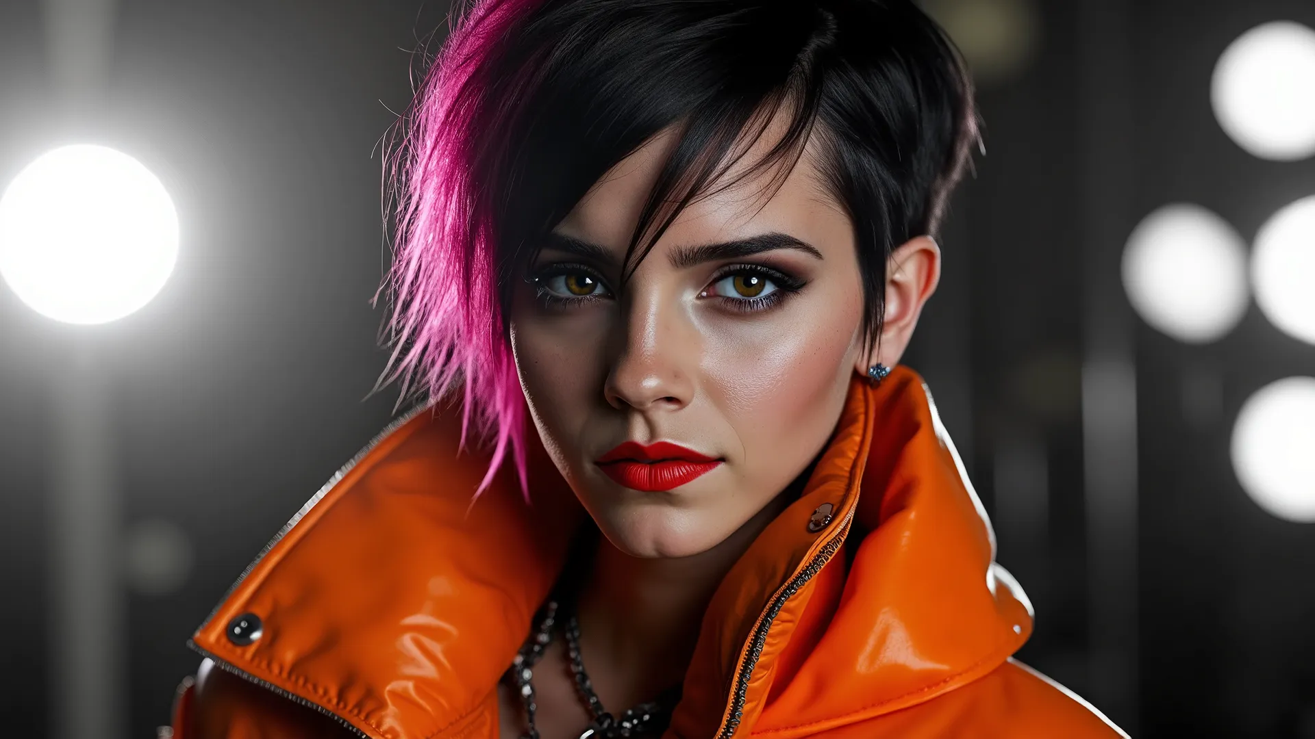 Ultra-high resolution ultra focused (64k) black and white portrait . A strikingly beautiful woman with modern-styled punk black and pink streaked hair ,shaved on one side.She has large, vivid, highly detailed( must be) green eyes and glossy red lips. She w...