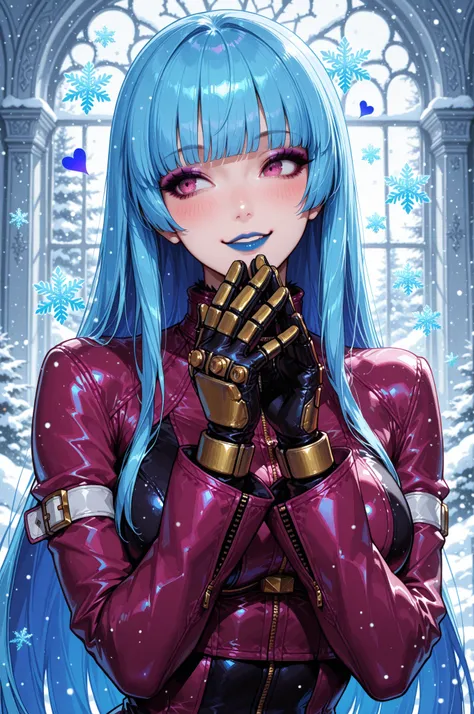 masterpiece, best quality, absurdres, newest, very aesthetic, amazing quality,highres, Kula Diamond \(king of fighters\), blue hair, hime cut, purple eyes, gloves, (1girl), (detailed face:1.2), (detailed eyes:1.3), black eyeliner,purple eyeshadow, blue lip...