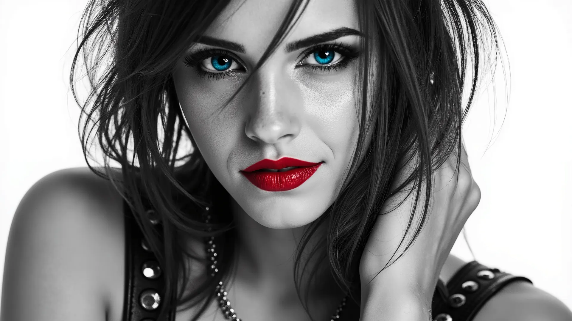 A 64 k black and white stock photo of a strikingly beautiful female....((must have large emerald blue eyes.)), ((nust be glossy red lipstick))wearing a leather strap black top with metal adornments and a ((must be red)) mini skirt,and mesh stockings,with h...
