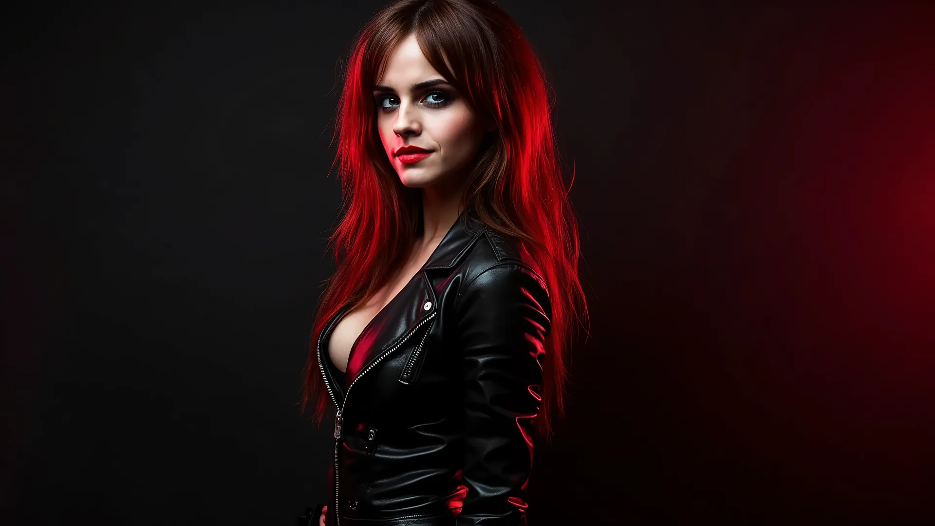 The image is a noir-style poster that showcases a stunning escort girl in a full-body shot, positioned centrally with a strong and confident stance. She wears a sleek, form-fitting leather outfit that glimmers under dramatic chiaroscuro lighting, which acc...