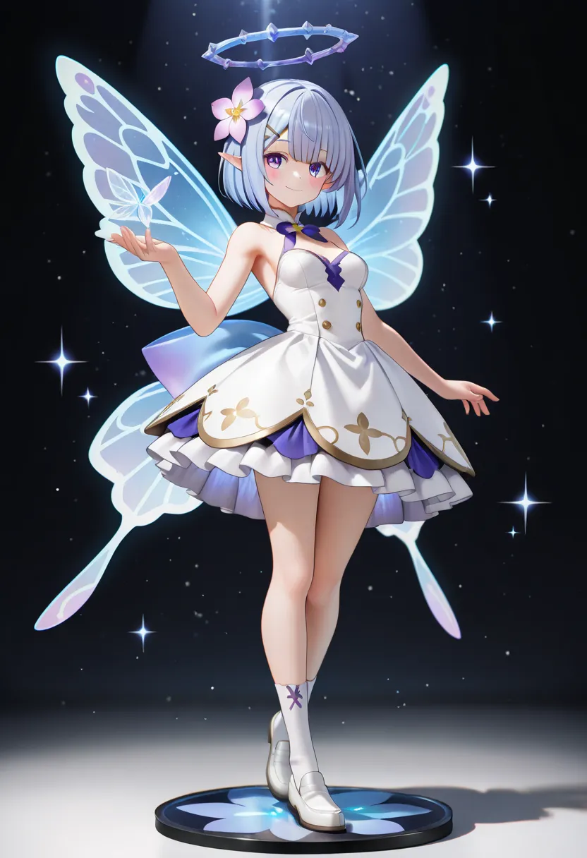 (masterpiece, best quality:1.2), 1girl, solo, Anime-style images, 3D model style pattern, hentaiAnime-style images, compiling a digital report, Summary article, chibi fairy girl organizing digital-style articles, Chibi fairy girl with pastel light blue purple hair、wavy short bob, hairpin with object, flower hair ornaments on both sides、 Transparent Feathers、round idiot hair, purple eyes, white dress, Sleeves without armpit cloth, White Loafers, white socks with cute decorations, light blue rounded bow, a number of digital articles are floating, digital fantasy background
