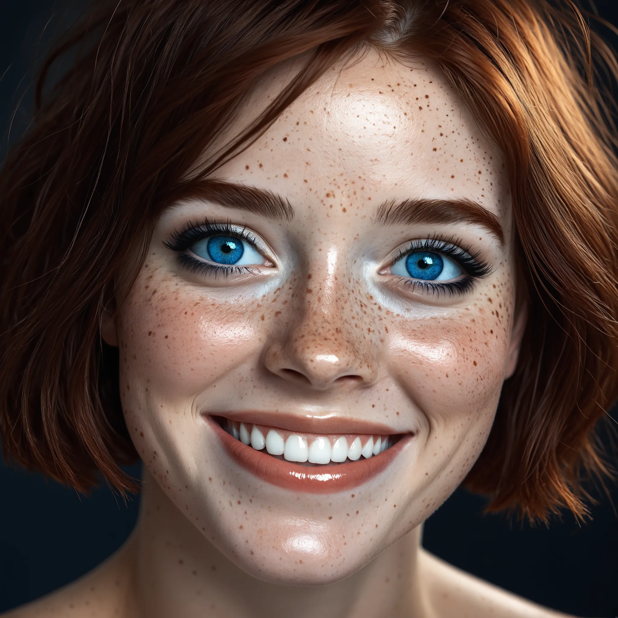 beautiful lady, (freckles), big smile, blue eyes, short hair, dark makeup, hyperdetailed photography, soft light, head and shoulders portrait, cover
