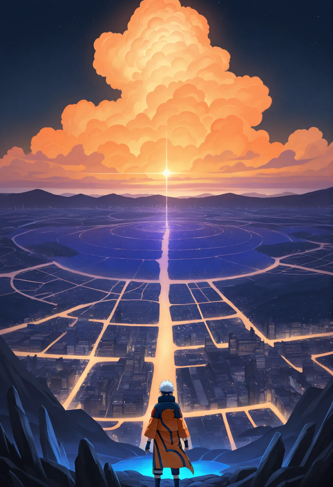 Hyperdetailed anime-style digital illustration. Вид сверху на огромный городской landscape ночью, bathed in thousands of windows and streetlights. In the foreground is a young man (Naruto) in orange-black clothes, standing on a rock , facing the city. sky,...