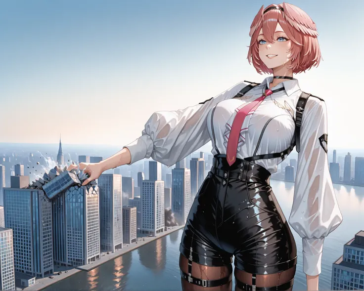 masterpiece, 最high quality, high quality, solo,one woman.,
Louis IL , luidef , Headwings, short hair, Headband, puffy long sleeve, collared shirt, high-waist shorts, red necktie, Shoulder jacket, fingerless butt under pants, Thigh Straps, pantyhose unde...
