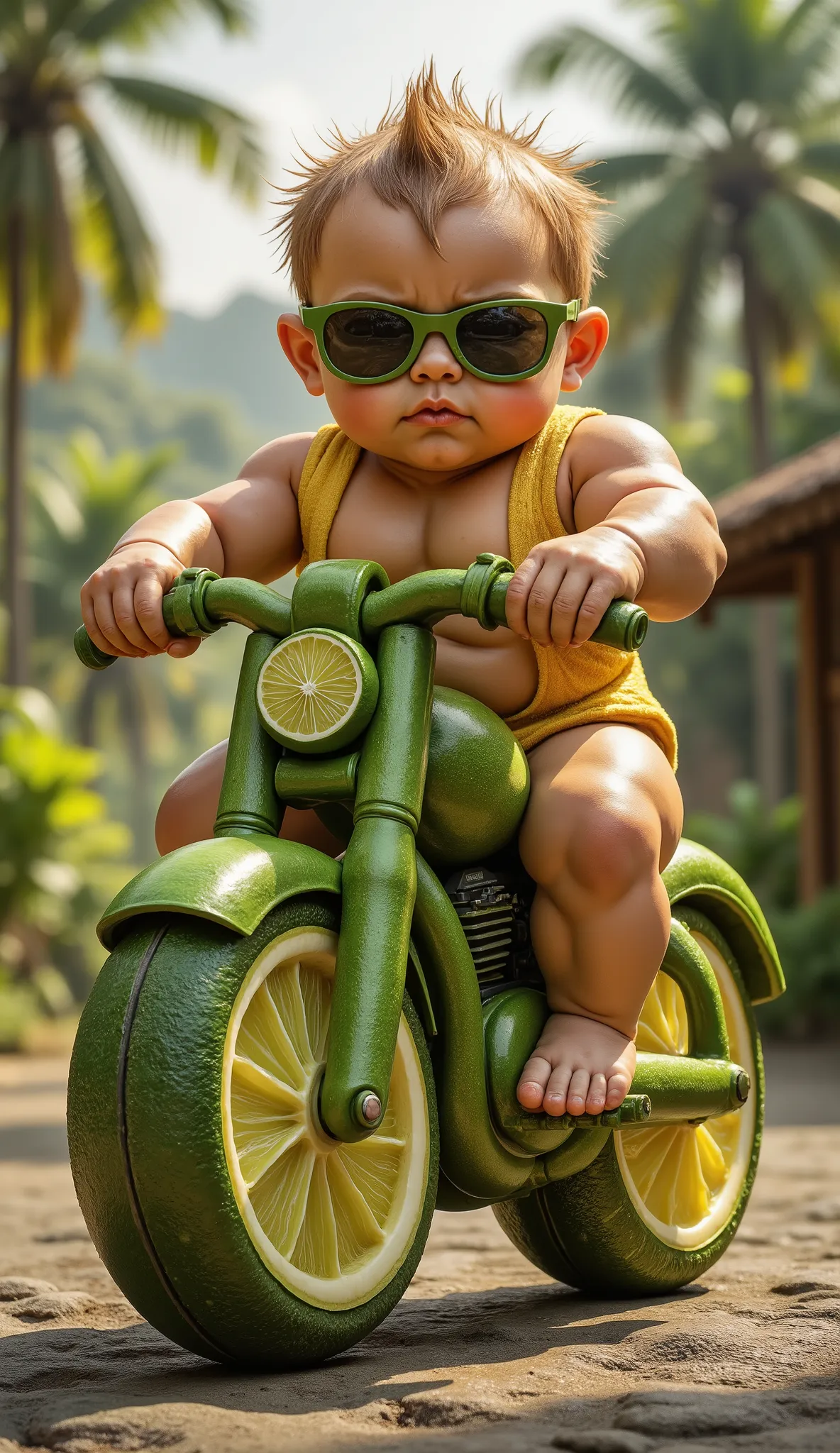 A highly muscular baby with exaggerated cartoonish muscles, riding a stylized motorcycle made entirely of lime and citrus fruits. The motorcycle wheels are lime slices, the frame is made of twisted lime peel and citrus segments. The boy has a serious expre...