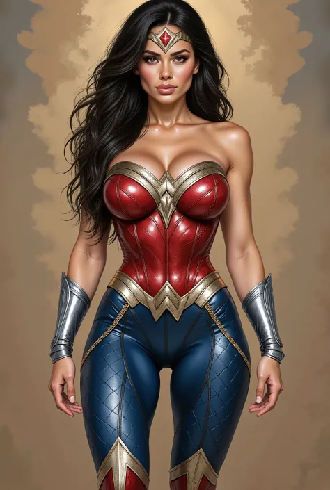 A beautiful woman with long black hair under the mantle of the Amazon warrior Wonder Woman in a navy blue leather suit that covers her entire body with tiny scales all over the suit Red Wonder Woman corset diaema in silver colored metal Silver colored meta...