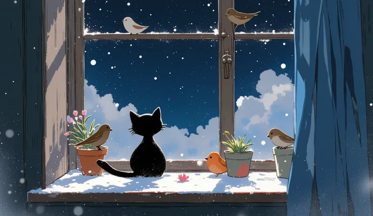 The image is a painting ,shows a window with a black cat and bird sitting on the window sill. The window is covered with snow and there is a blue curtain hanging on the right side of the window. The cat is looking out the window with its black and white fu...