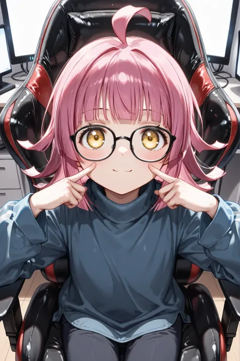 ((Masterpiece)),((best quality)),((incredibly absurdres)),((8K)),(semi realistic),
1 girl,solo,young,Tennoji Rina,yellow eyes,pink hair,stupid hair,blunt bangs,medium hair,blunt ends,flat chest,baby face,
(black eyewear),(navy blue turtleneck shirt),black ...