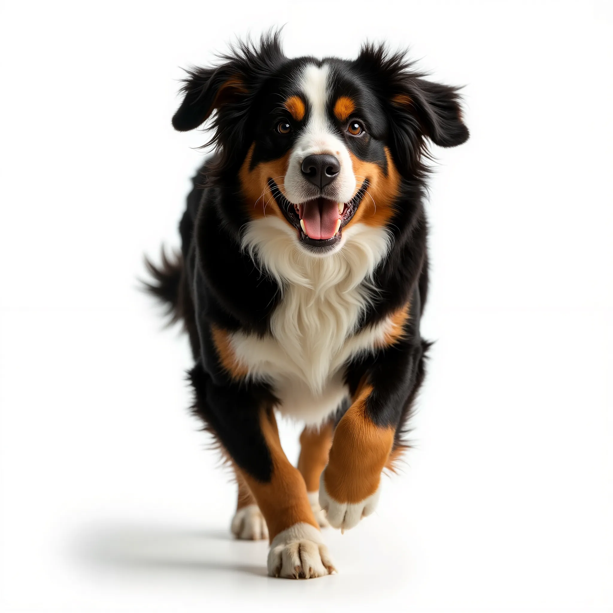 Photorealistic image of a Bernese Mountain Dog running toward the camera on a clean white background. The dog is mid-stride with ears flapping and fur in motion, looking excited and focused. Sharp focus on the face, slight motion blur on paws, natural stud...