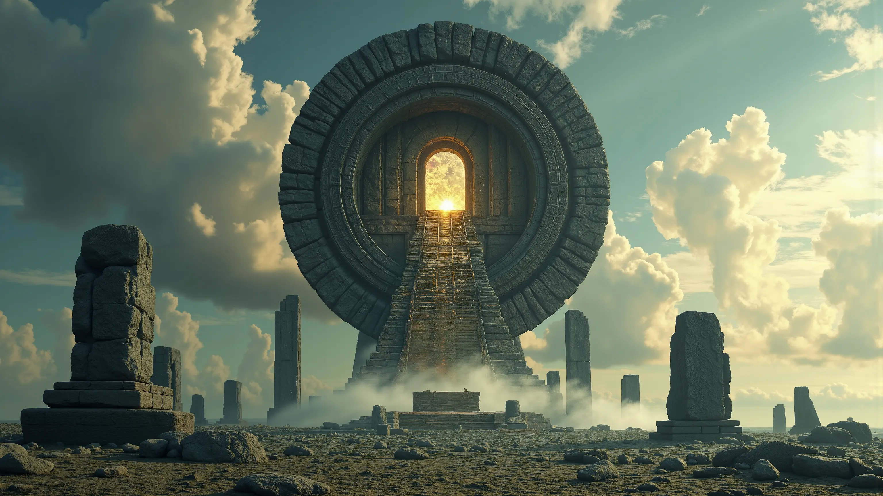 Stonehenge-like circle of obsidian blocks floating freely in the sky, stones not connected to anything, three concentric rings, swirling energies, Stonehenge, trilithons, glowing portal over central altar, ancient, mysterious, mystical, alien build stone s...