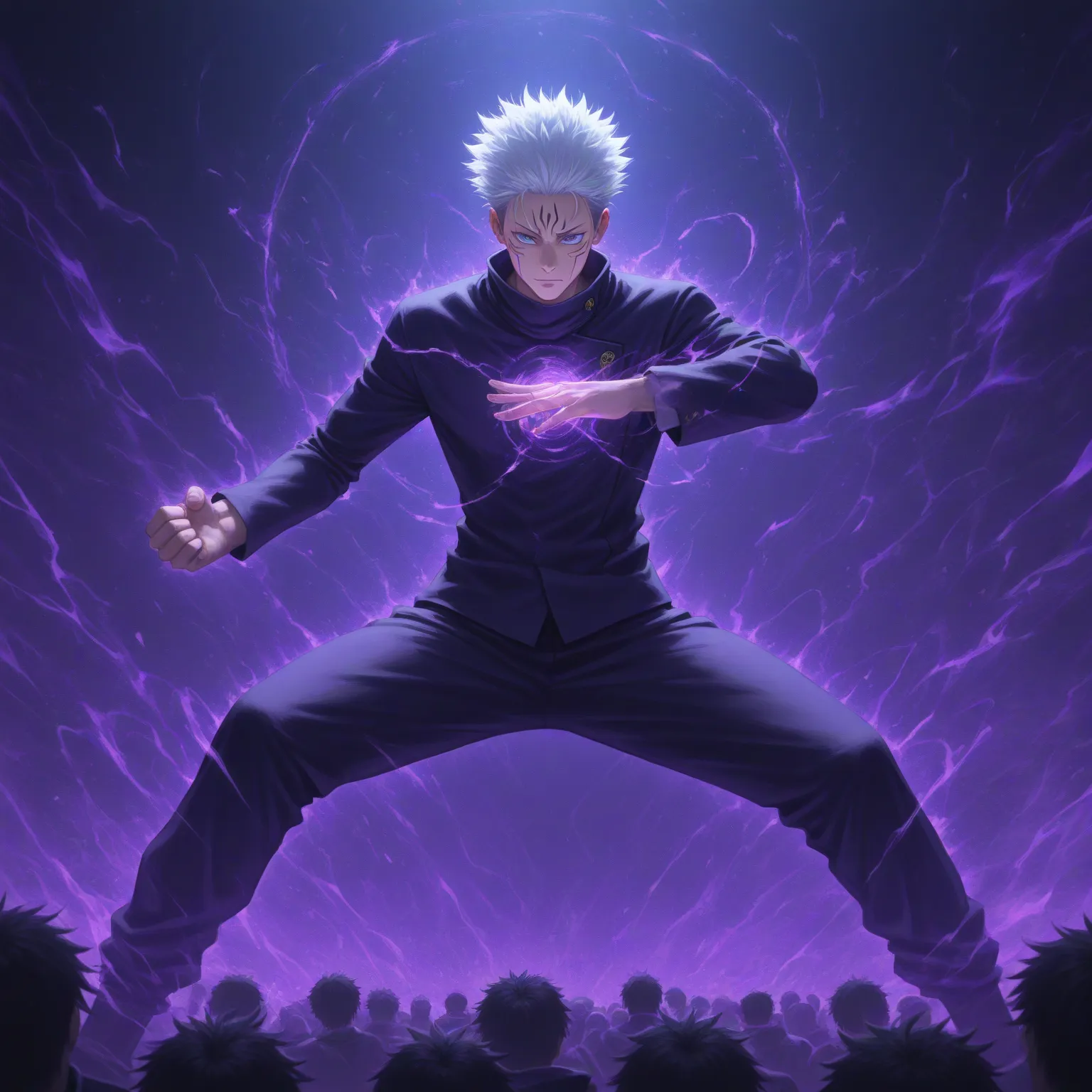 "A hyper-detailed Satoru Gozo from Jujutsu Kaisen, from chest to full height. His spiky white hair glows with an intense blue-purple aura, illuminating his face. His piercing blue eyes are wide open and glowing with immense power, emitting streams of light. Standing in a dynamic fighting stance, forming a certain gesture for a technique, surrounded by a swirling, crackling blue and purple energy. The background is dark and abstract, filled with similarly vibrant energy patterns that emphasize his power. The art style is a mix of realistic visuals with anime aesthetics, showcasing intricate details of his skin, hair, and energy effects. High resolution, 4K, dramatic lighting, epic atmosphere."
