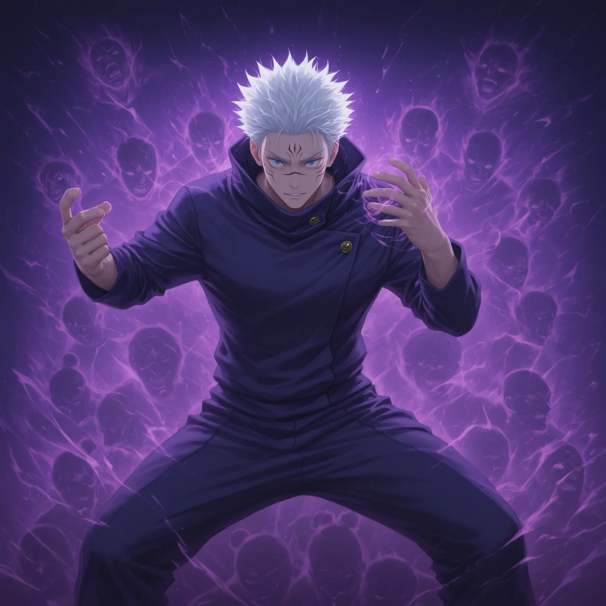 "A hyper-detailed Satoru Gozo from Jujutsu Kaisen, from chest to full height. His spiky white hair glows with an intense blue-purple aura, illuminating his face. His piercing blue eyes are wide open and glowing with immense power, emitting streams of light...