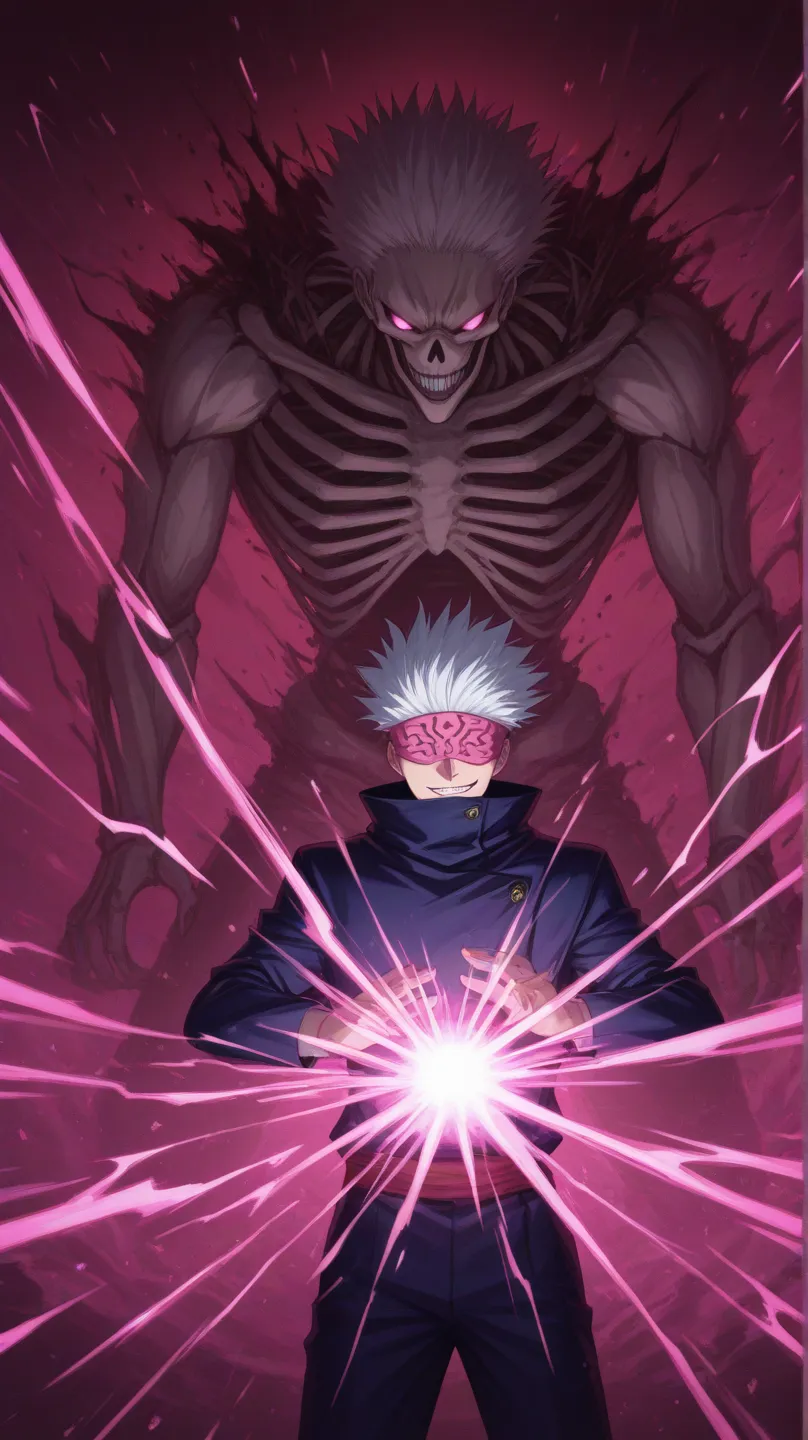 Anime style, Jujutsu Kaisen, Sukuna ryomen with spiky white hair and pink blindfold, smirk on face, red streaks on face and neck, wearing dark blue jacket. Behind him, a grotesque skeletal creature with sharp teeth. Vibrant and contrasting neon energy bursts in magenta, pink, red, and teal. Dynamic composition, highly detailed, high contrast, dramatic lighting, digital painting
