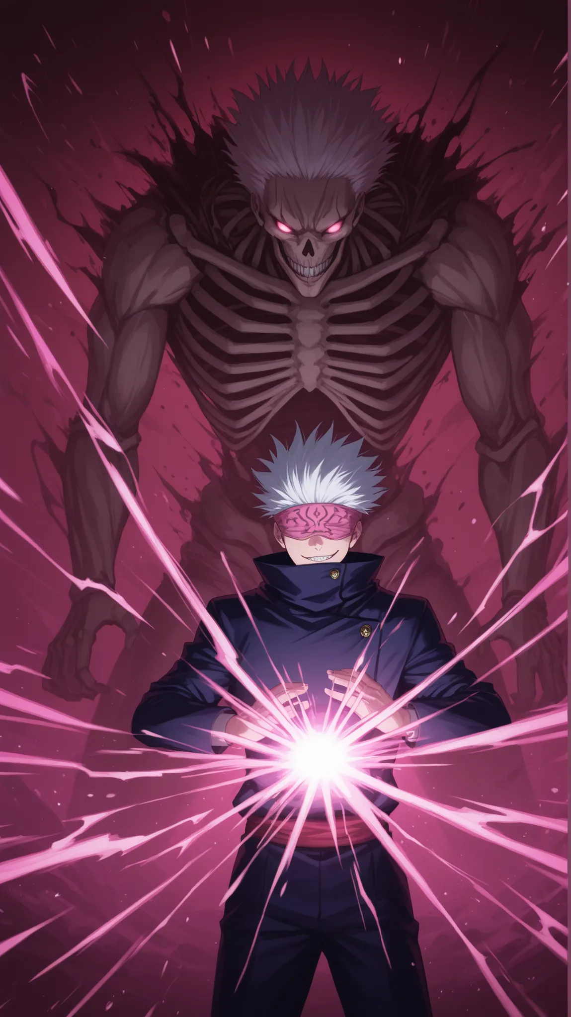 Anime style, Jujutsu Kaisen, Sukuna ryomen with spiky white hair and pink blindfold, smirk on face, red streaks on face and neck, wearing dark blue jacket. Behind him, a grotesque skeletal creature with sharp teeth. Vibrant and contrasting neon energy bursts in magenta, pink, red, and teal. Dynamic composition, highly detailed, high contrast, dramatic lighting, digital painting
