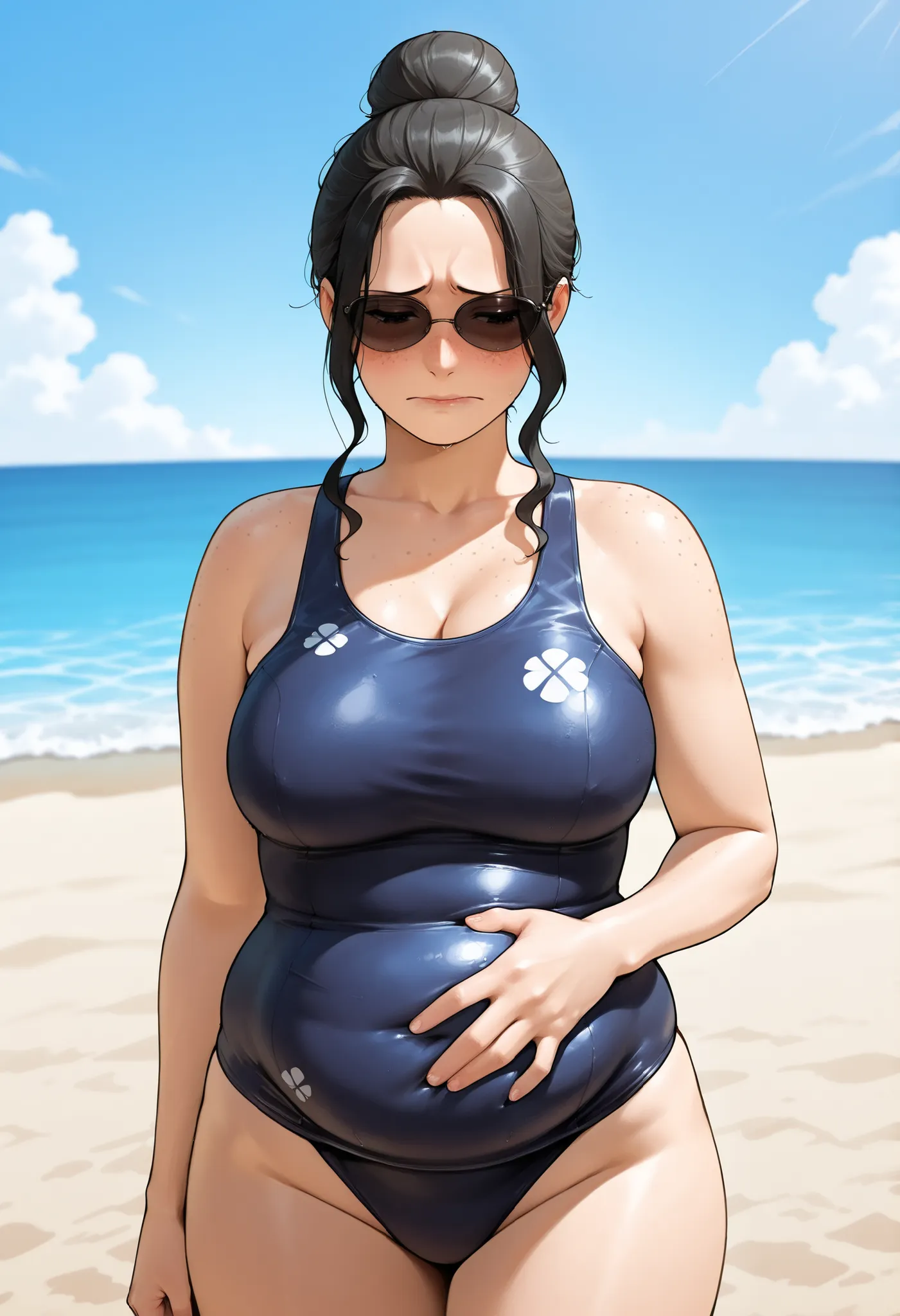 ((Highest quality)), ((masterpiece)), (detailed) Perfect hands, Perfect Fingers, anime, Ultra-fine illustration, (One woman),, One Shoulder One Piece Swimsuit, Black hair bun, (Dark sunglasses),  adult, mature, ashamed, embarrassed, ,Are standing, (her han...