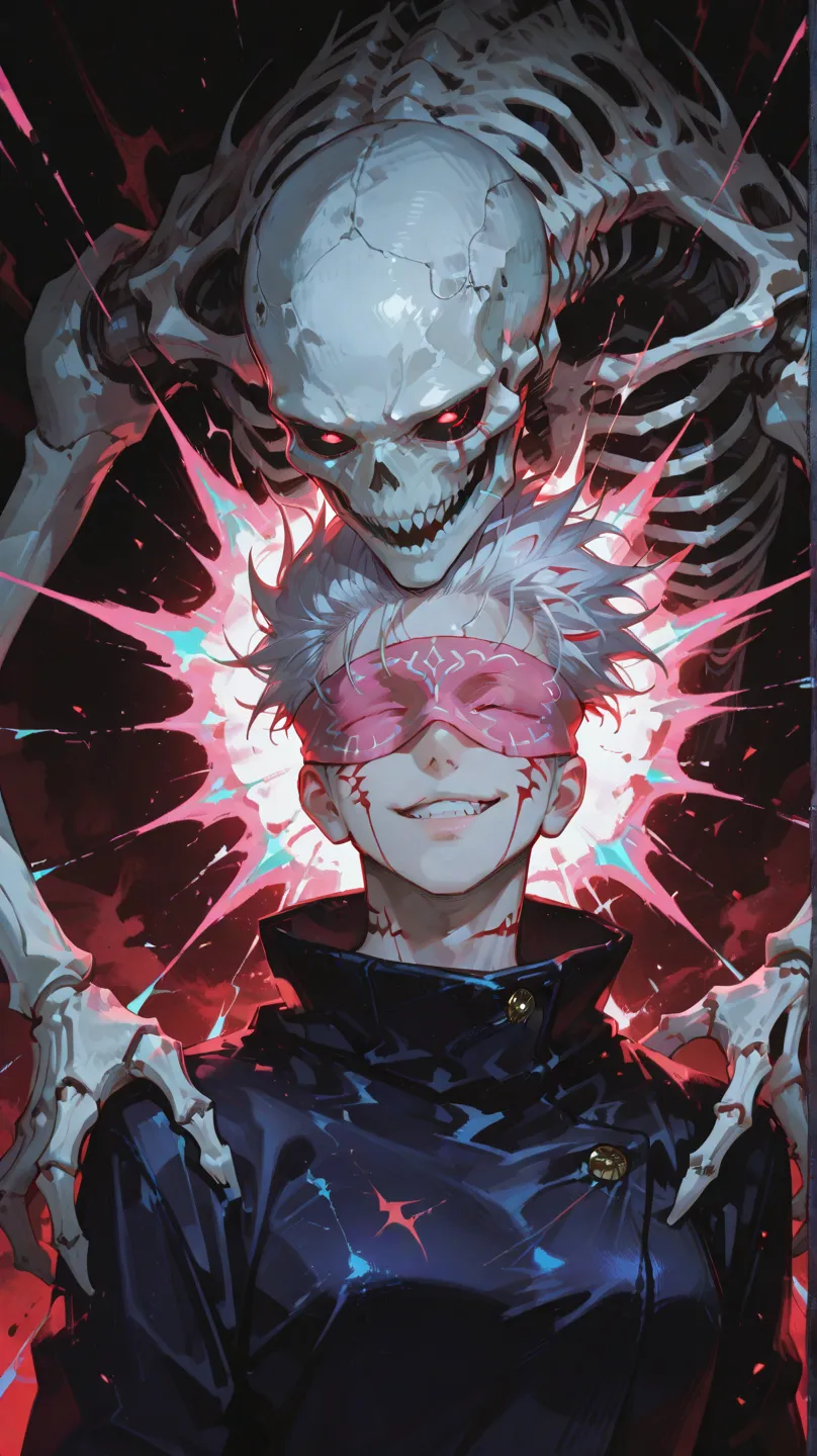 Anime style, Jujutsu Kaisen, Sukuna ryomen with spiky white hair and pink blindfold, smirk on face, red streaks on face and neck, wearing dark blue jacket. Behind him, a grotesque skeletal creature with sharp teeth. Vibrant and contrasting neon energy bursts in magenta, pink, red, and teal. Dynamic composition, highly detailed, high contrast, dramatic lighting, digital painting