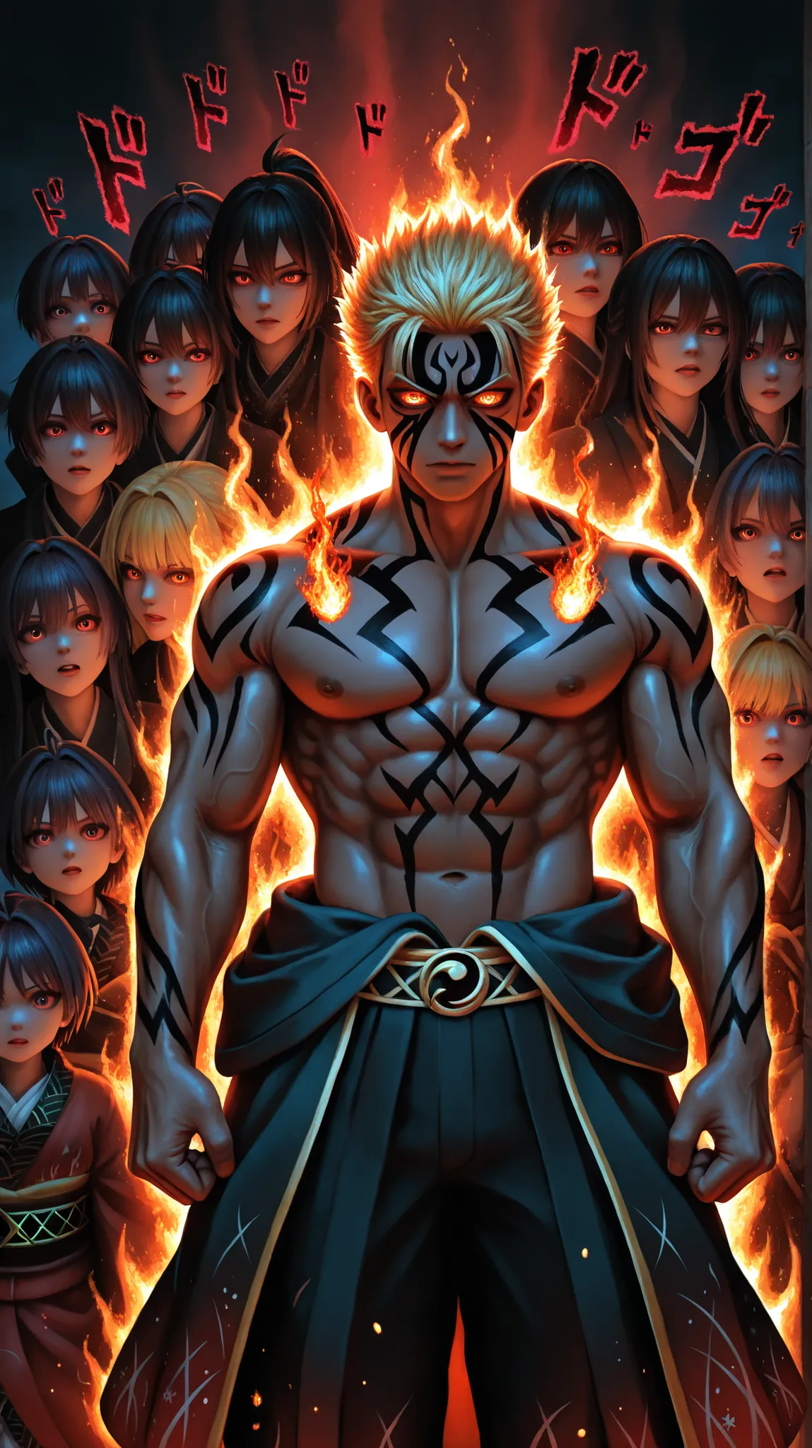 Anime style, Ryomen Sukuna, muscular male, spiky blonde hair, black curse markings on face and body, intense expression, right hand extended with vibrant red and orange flames emanating, surrounded by a furious inferno, powerful and menacing aura, highly d...