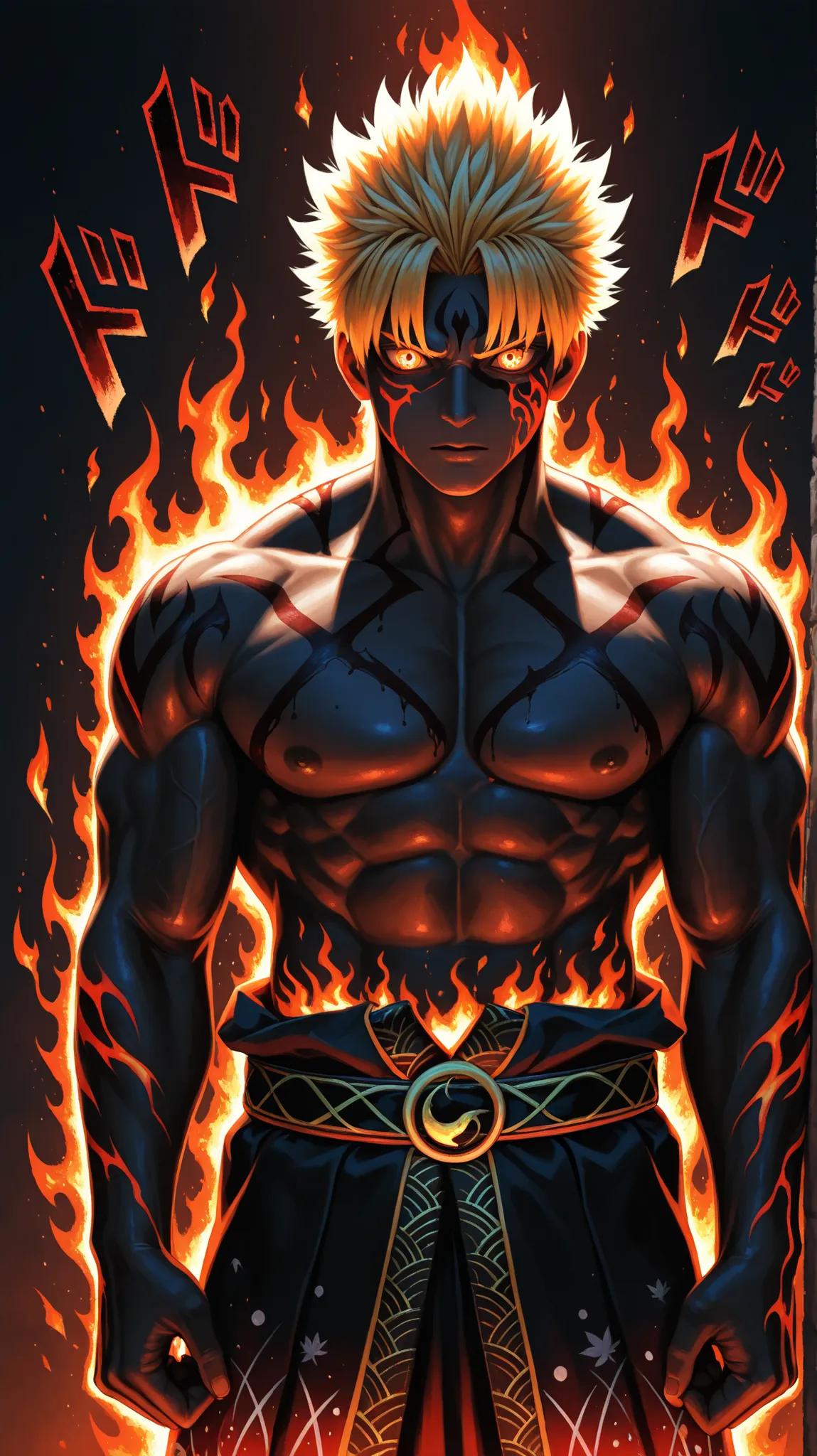 Anime style, Ryomen Sukuna, muscular male, spiky blonde hair, black curse markings on face and body, intense expression, right hand extended with vibrant red and orange flames emanating, powerful and menacing aura, highly detailed, dynamic lighting, ultra ...