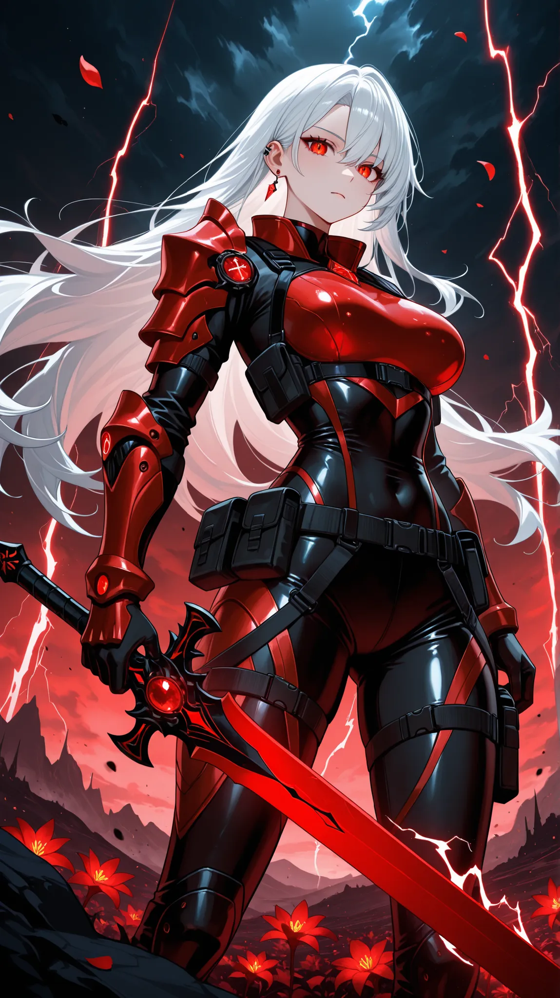 Stunning anime girl with flowing white hair and piercing red eyes, sheathed in a sleek black and red tactical outfit with striking red armor elements on her shoulder and arm. She wields a massive, intricately designed red sword with a glowing red gem. The ...