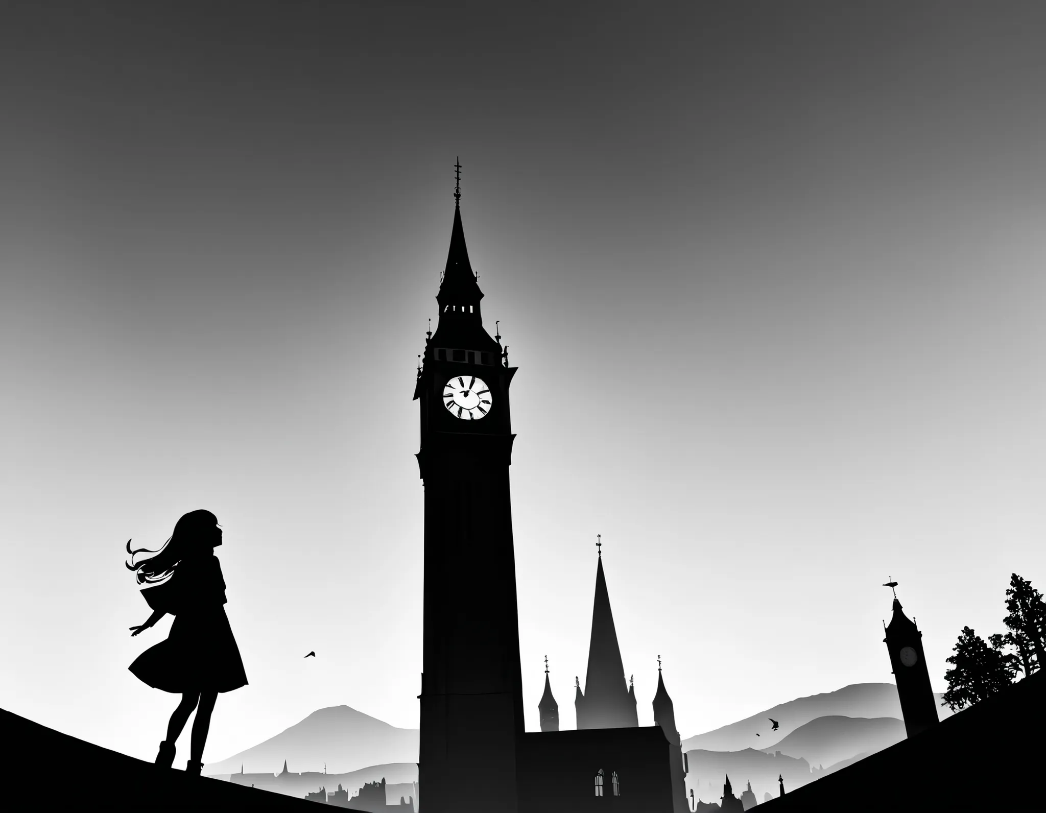 ((monochrome artwork))、((paper cut style )),High Contrast、(8k, top quality)、Ultra high resolution、 adorable by design、top quality,  beautiful , absurd beauty、masterpiece、best image quality、(Silhouette),Clock Tower and Girl&#39;s Theme、European Landscape、Cl...