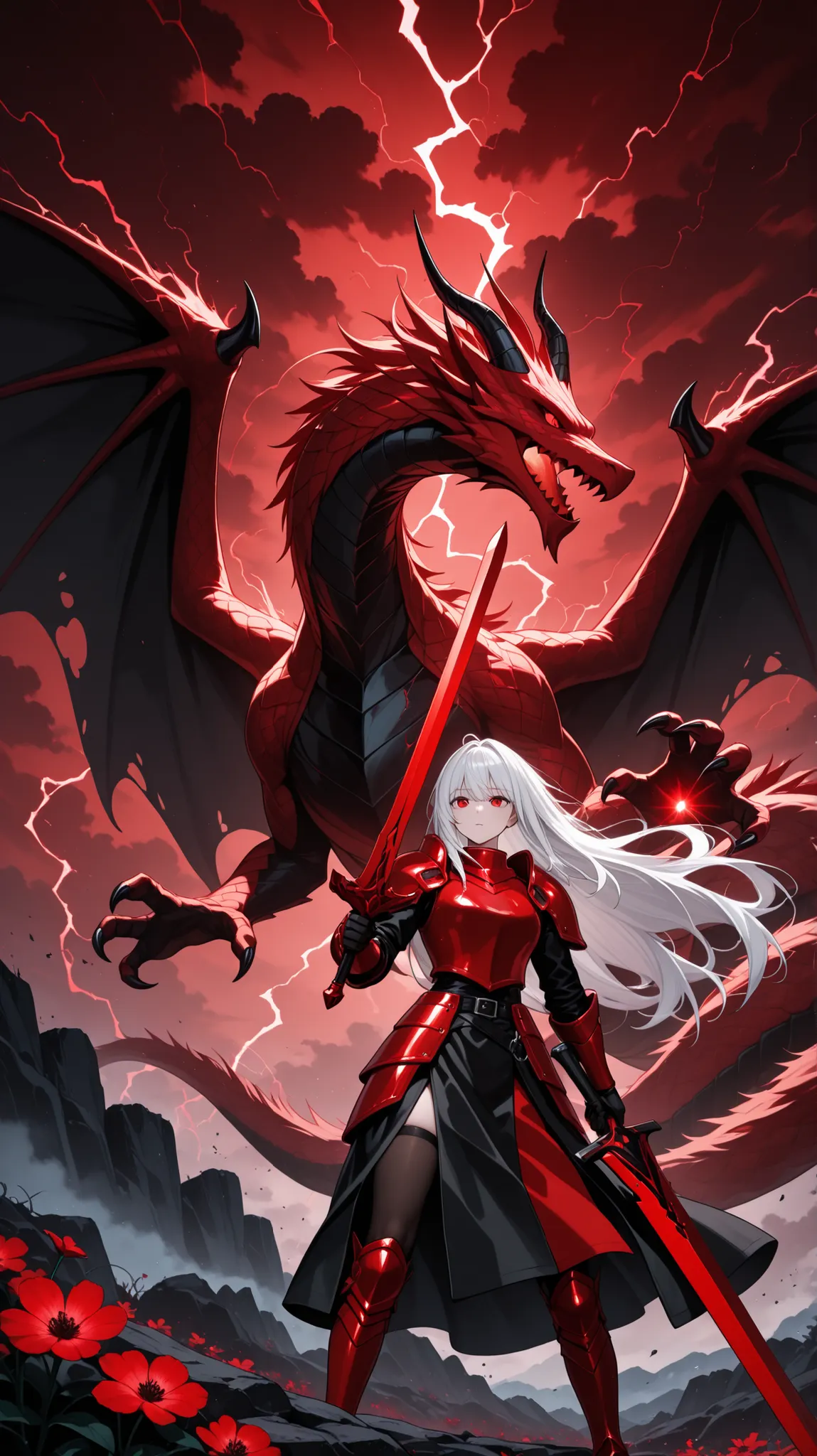 Anime girl with long white hair, red eyes, holding a large red sword, black and red outfit, red armor accents, stormy sky, red lightning, ominous red dragon in background, red flowers, digital art, highly detailed.