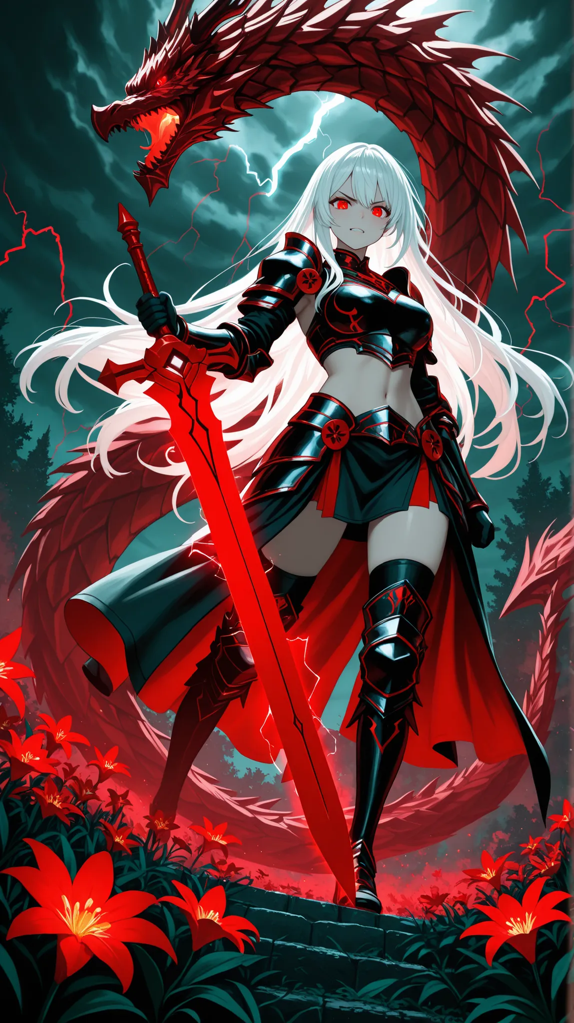 Anime style, beautiful female warrior, long flowing white hair, glowing red eyes, striking expression, wearing sleek dark red and black armored outfit with exposed midriff and thigh-high black boots. She holds a large, ornate crimson red sword with glowing...