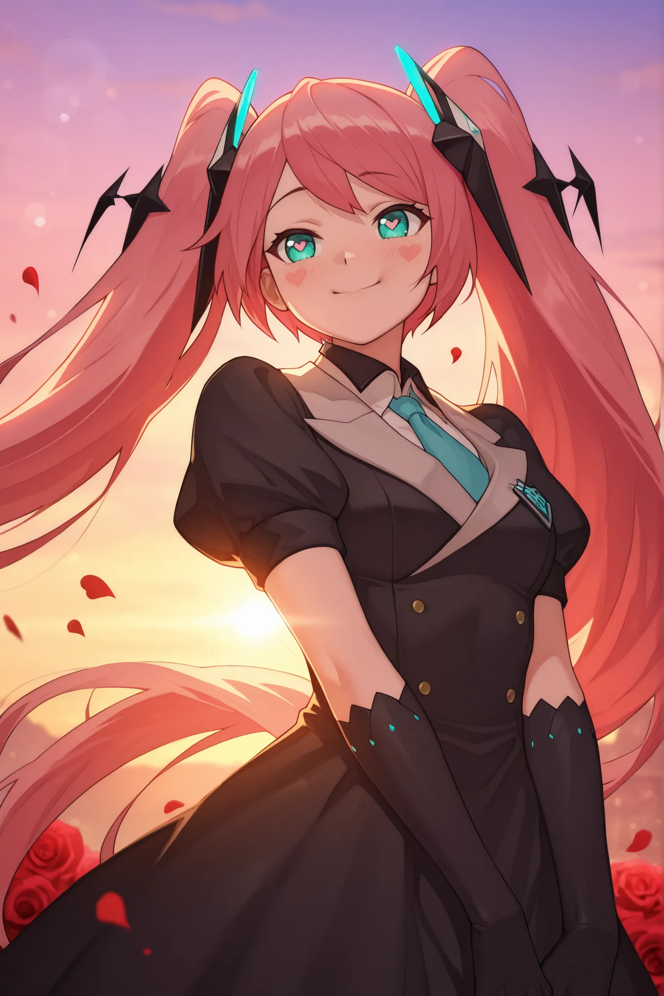 masterpiece, best quality,1girl,solo,laylaaspirant, solo, very long hair, pink hair, twintails, bangs, hair ornament, aqua eyes, blue necktie, white shirt, black dress, puffy short sleeves, elbow gloves, gentle smile, rosy cheeks, hearts shaped pupils, blu...