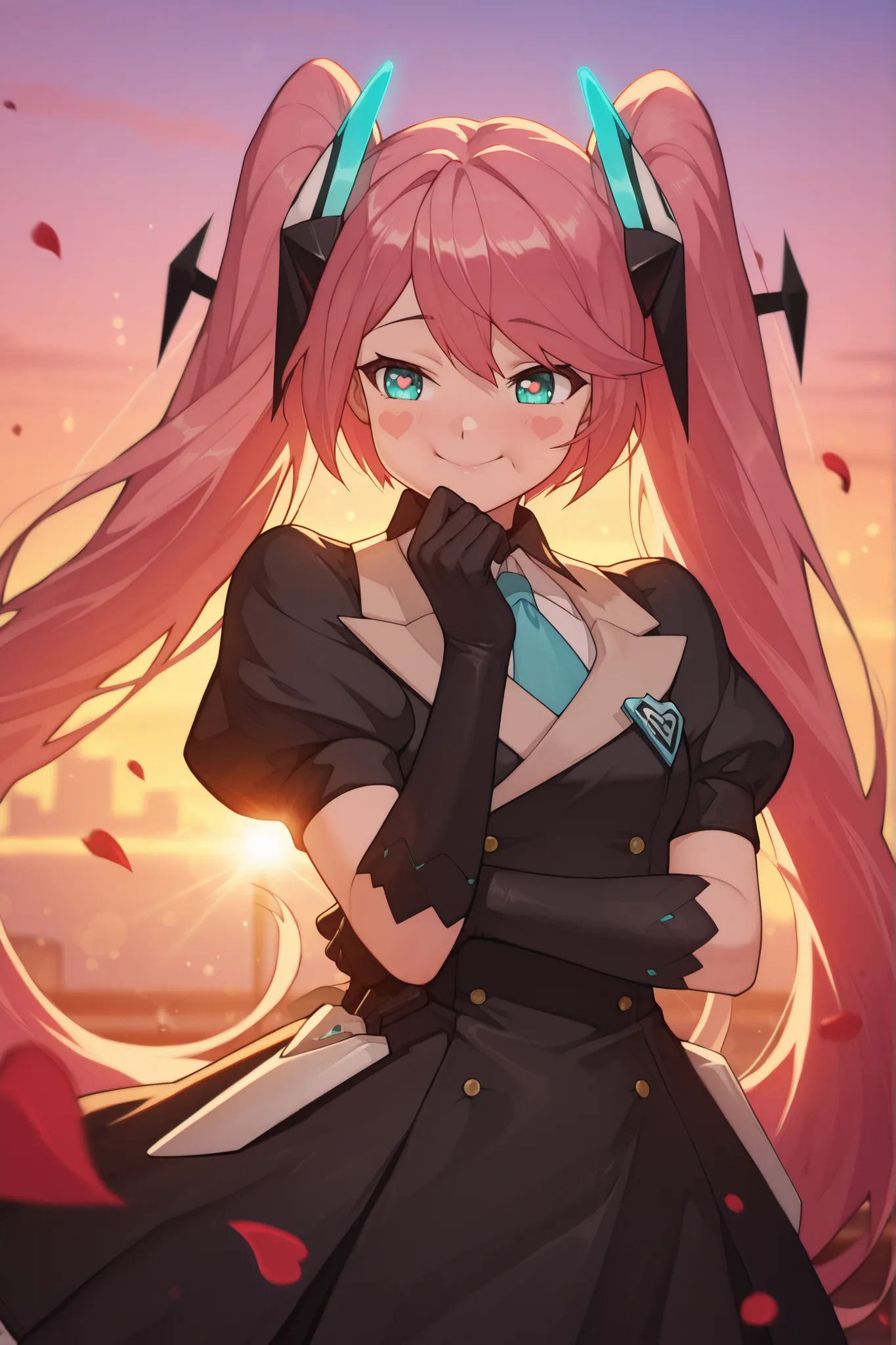 masterpiece, best quality,1girl,solo,laylaaspirant, solo, very long hair, pink hair, twintails, bangs, hair ornament, aqua eyes, blue necktie, white shirt, black dress, puffy short sleeves, elbow gloves, gentle smile, rosy cheeks, hearts shaped pupils, blu...