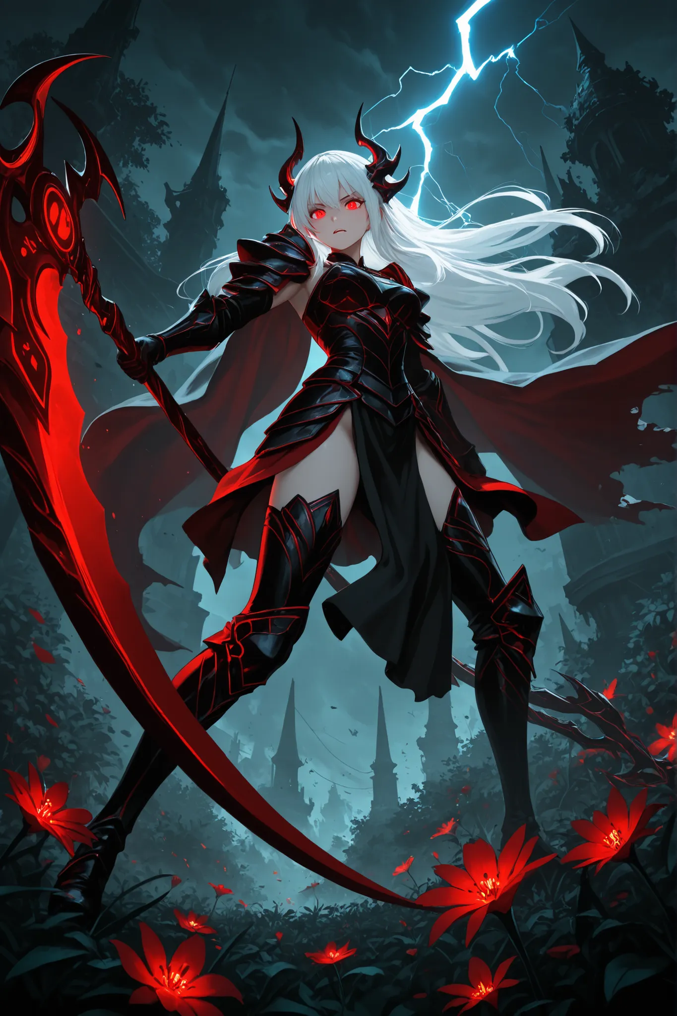 Beautiful anime style warrior woman, long flowing white hair, glowing red eyes, striking expression, dressed in sleek dark red and black armor with open bottom and black thigh-length boots. In her hands she holds a large mystical scythe, an ornate scarlet ...