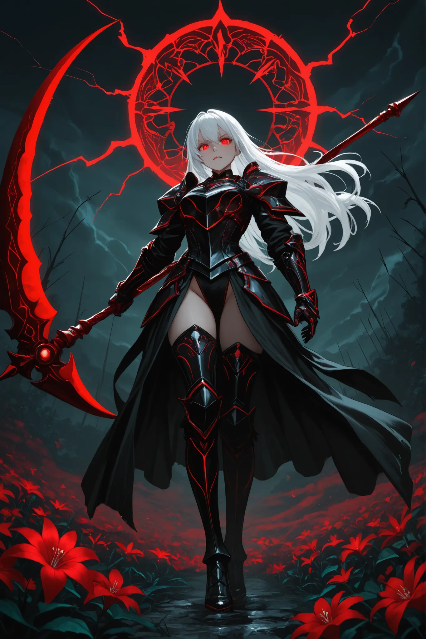 Beautiful anime style warrior woman, long flowing white hair, glowing red eyes, striking expression, dressed in sleek dark red and black armor with open bottom and black thigh-length boots. In her hands she holds a large mystical scythe, an ornate scarlet ...