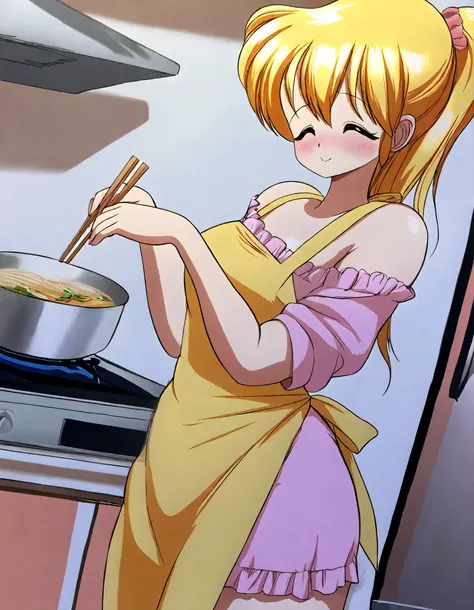 runa,masterpiece,top quality,Good quality,1girl,solo,ponytail,No makeup,Apron,blouse,blush,Smile,Close your eyes and lie on your back on the,open your mouth,bare skin shoulders,Indoor,kitchen,cooking,holding_chopsticks,cowboy_shot,