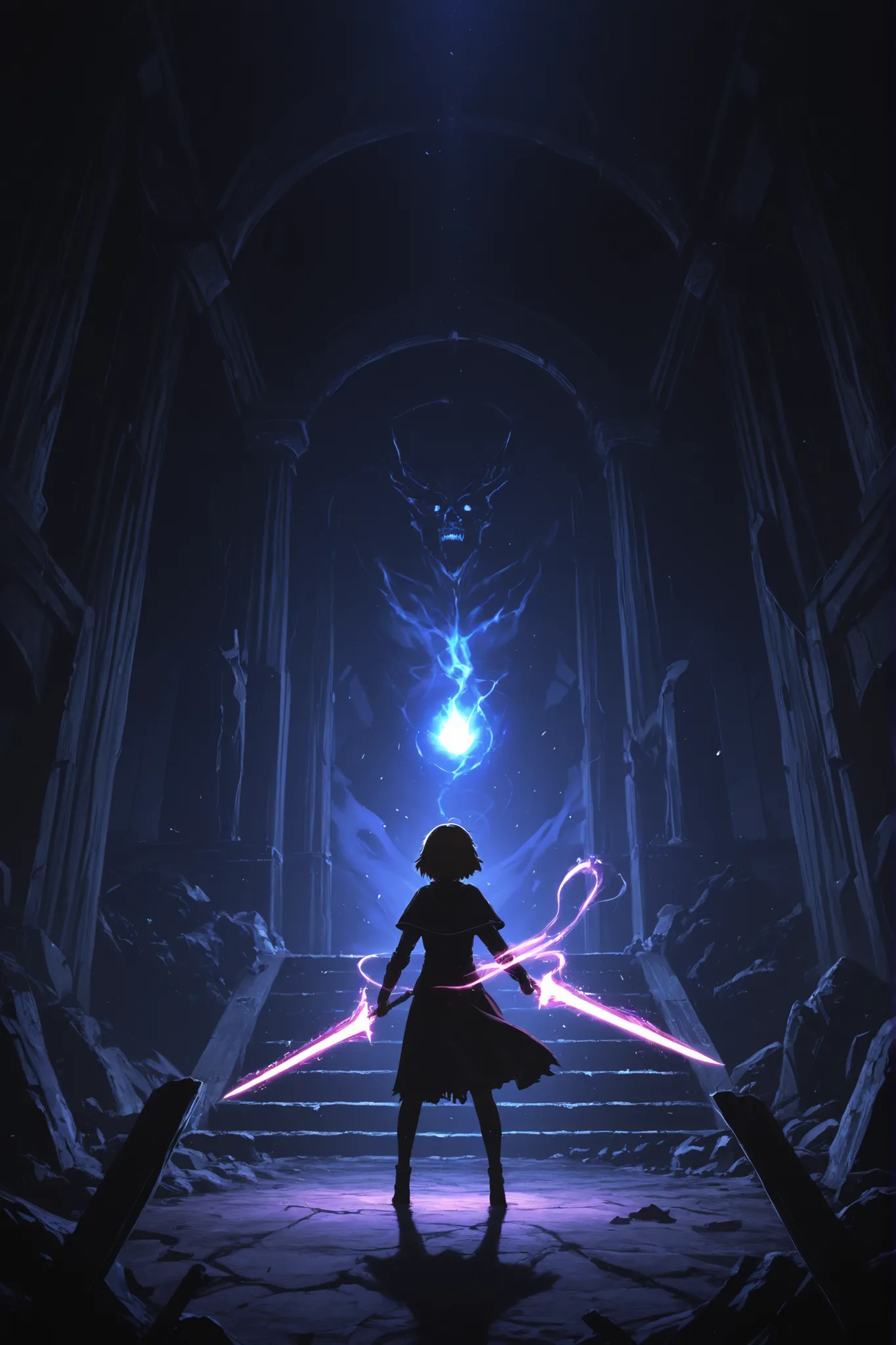 Anime style, dynamic action shot of Asta wielding his anti-magic swords and Yuno unleashing a powerful wind magic spell. Both are in intense mid-motion, eyes focused and determined. Background: A crumbling ancient temple overtaken by dark, swirling magic a...