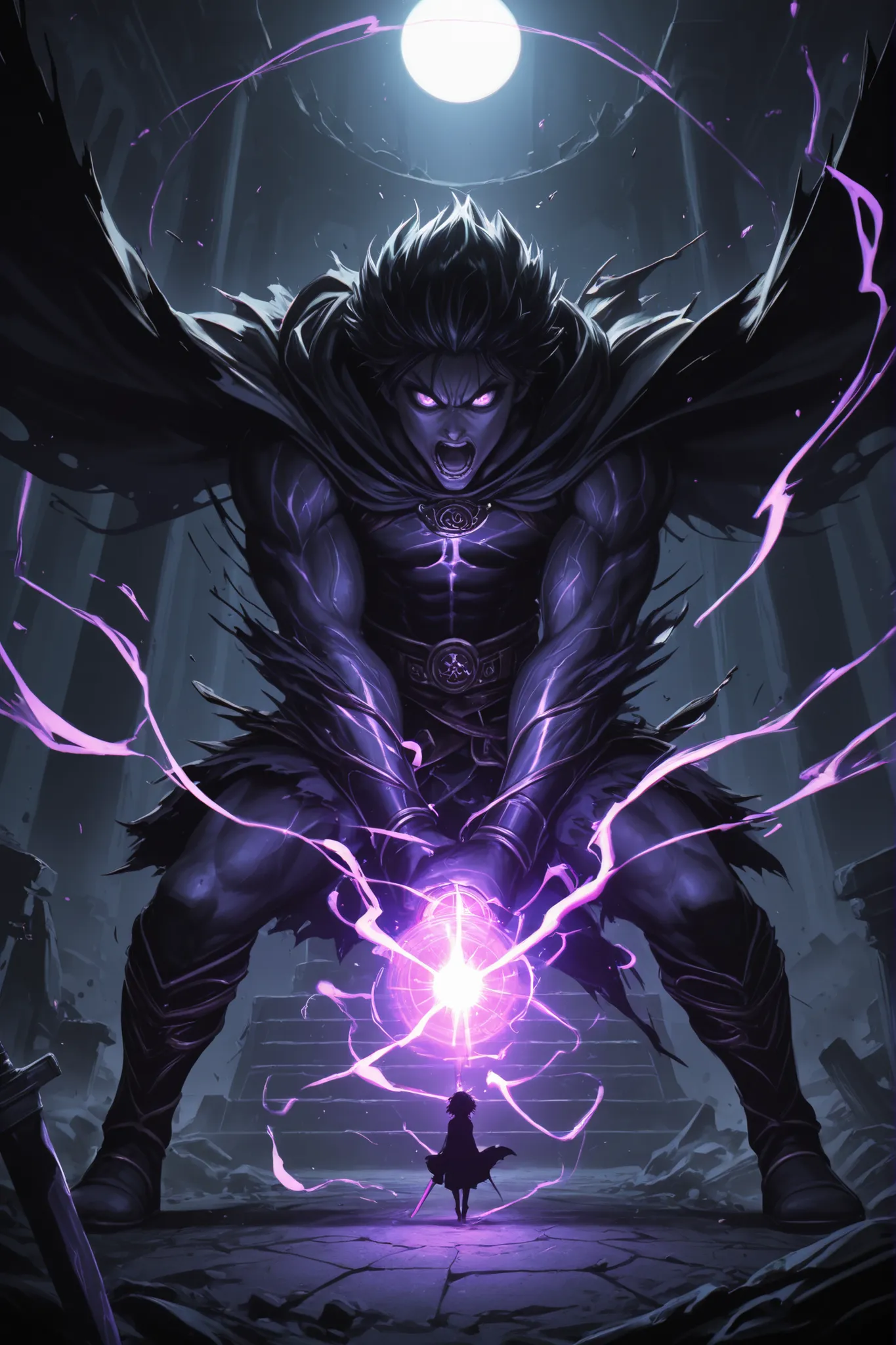 Anime style, dynamic action shot of Asta wielding his anti-magic swords and Yuno unleashing a powerful wind magic spell. Both are in intense mid-motion, eyes focused and determined. Background: A crumbling ancient temple overtaken by dark, swirling magic a...