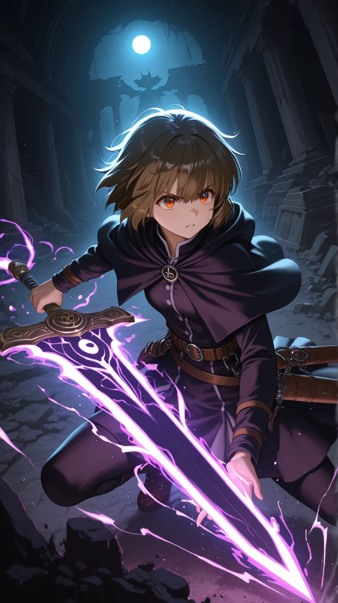 Anime style, dynamic action shot of Asta wielding his anti-magic swords and Yuno unleashing a powerful wind magic spell. Both are in intense mid-motion, eyes focused and determined. Background: A crumbling ancient temple overtaken by dark, swirling magic a...
