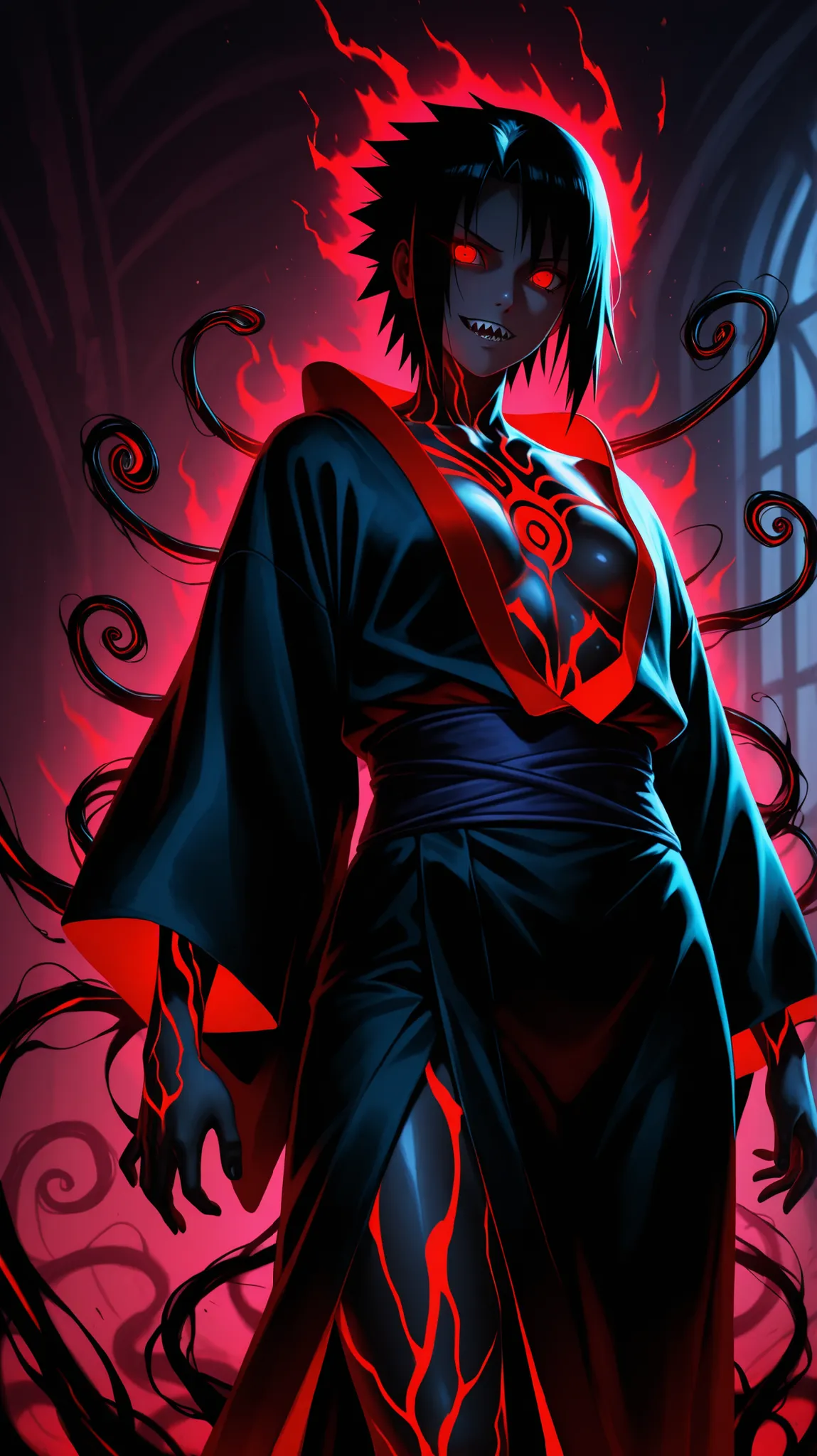Anime style, (Sasuke Uchiha:1.2) with dark short hair, standing menacingly, half-transformed: left side of face and body covered in grotesque black tendrils and swirling darkness, revealing red glowing eyes and sharp teeth. Right side of his body is normal...