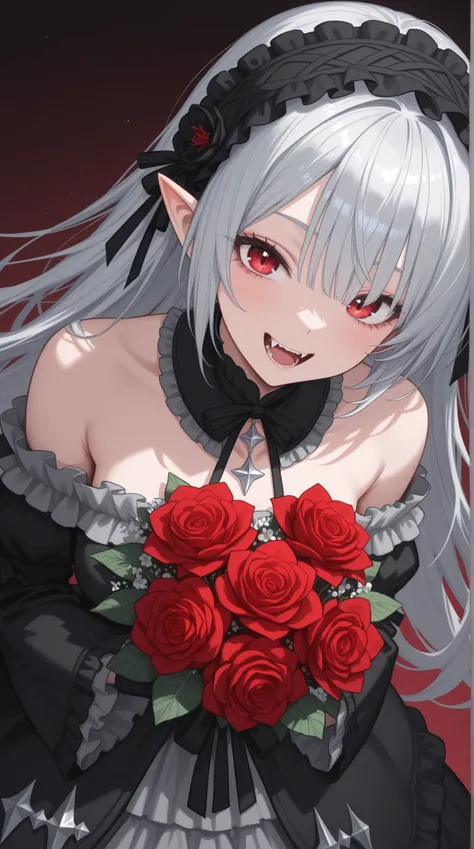 womanhood, Sharp red eyes, one eye hidden, sharp fangs, Sparkling silver hair, pointed ears, Off-the-shoulder gothic dress , frills, Flower Arrangements,