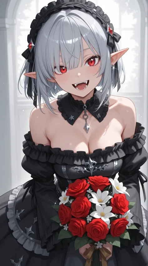 womanhood, Sharp red eyes, one eye hidden, sharp fangs, Sparkling silver hair, pointed ears, Off-the-shoulder gothic dress , frills, Flower Arrangements,