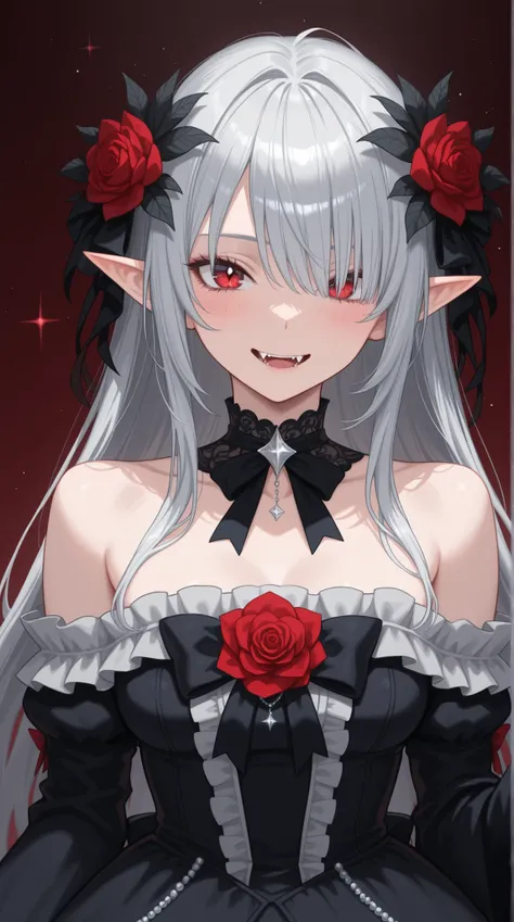 womanhood, Sharp red eyes, one eye hidden, sharp fangs, Sparkling silver hair, pointed ears, Off-the-shoulder gothic dress , frills, Flower Arrangements,