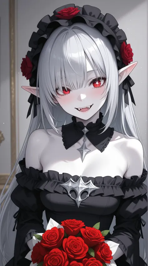 womanhood, Sharp red eyes, one eye hidden, sharp fangs, Sparkling silver hair, pointed ears, white skin, Off-the-shoulder gothic dress , frills, Flower Arrangements, Dusky Room , Dim Light