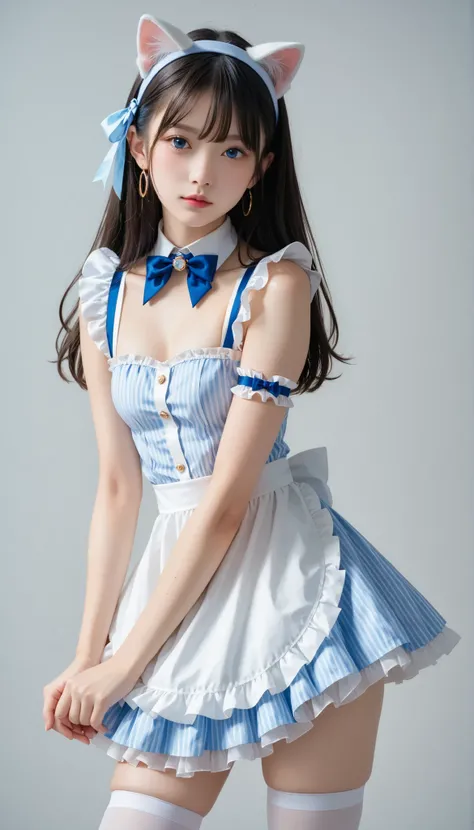  Photo of a woman in an attractive pose adorn the cover of a specialty magazine ,  wear an exquisitely designed costume : gold line accented、cobalt blue and white two-tone dirndl, Layered、cobalt blue multi-layer tiered apron with frills. cobalt blue sleeve...