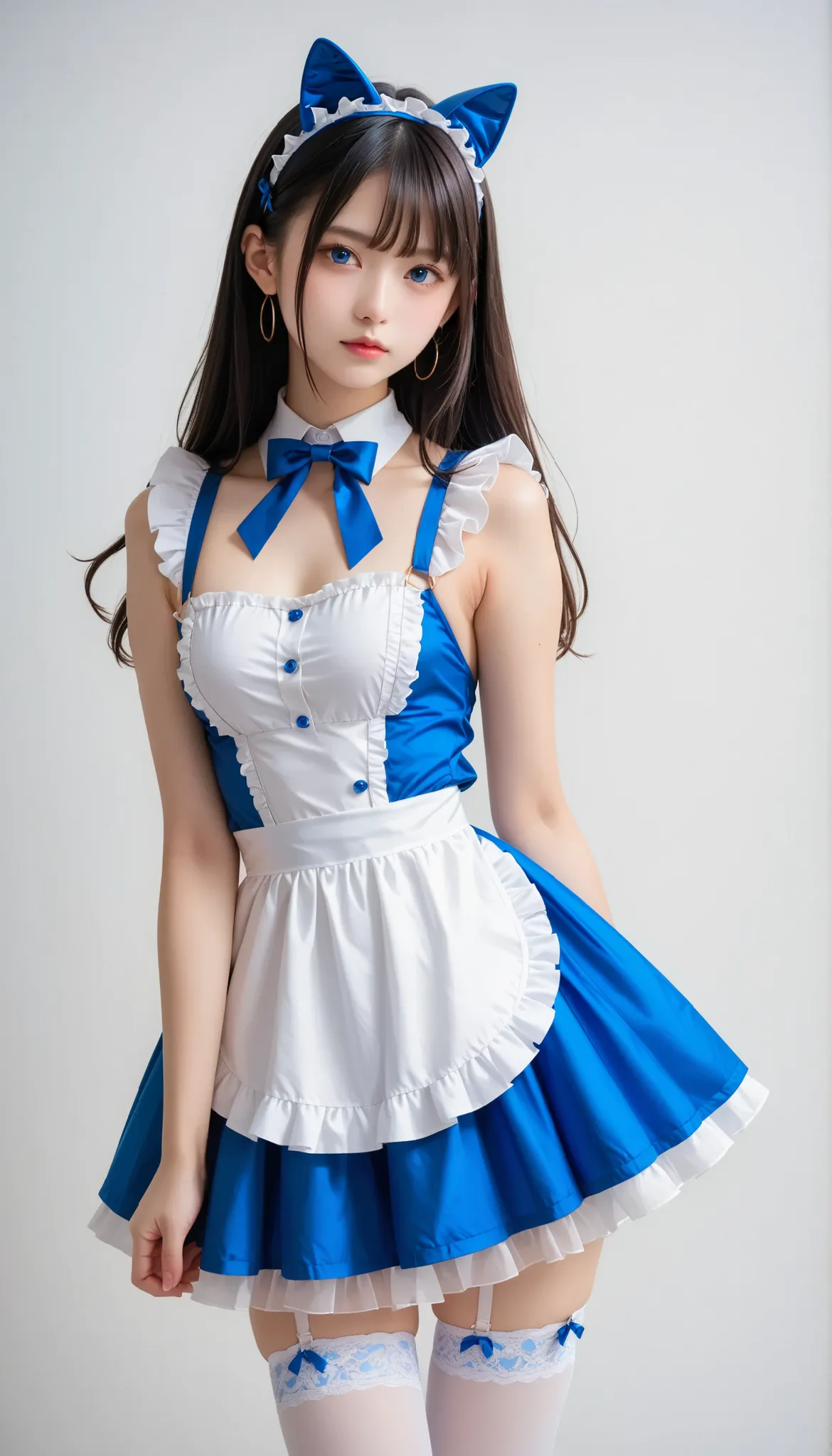 Photo of a woman in an attractive pose adorn the cover of a specialty magazine , wear an exquisitely designed costume : gold line accented、cobalt blue and white two-tone dirndl, Layered、cobalt blue multi-layer tiered apron with frills. cobalt blue sleeve...