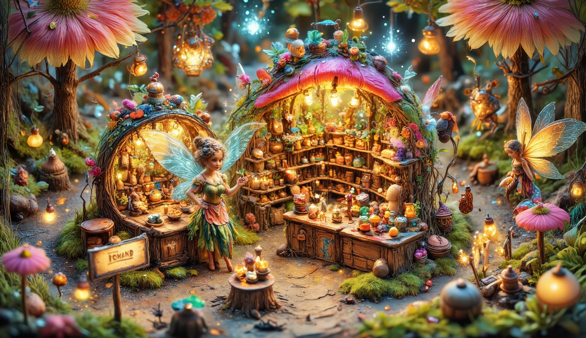 Ultra-detailed whimsical illustration of a fairy participating in a “Mini Shop Showdown” contest, proudly standing in front of her dream micro-storefront. The tiny shop is built into a giant flower, with glowing petals for an awning and shelves made of bar...