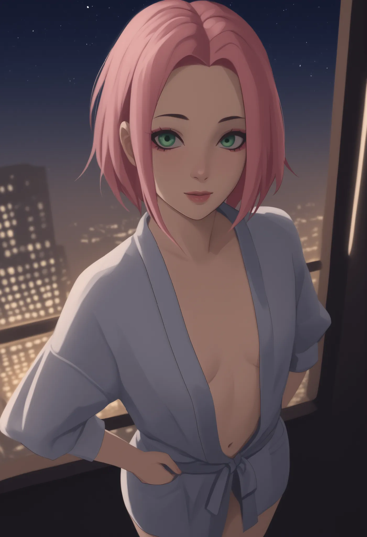 Sakura Haruno. small breasts, huge hips, pink hair, medium hair, light green eyes, thin lips, very fair skin, big forehead. | Score 9, Score 8, Score 7, Score 6, Score 5, Score 4, Masterpiece, Superior Quality, Amazing Quality, Masterpiece, Maximum Quality...
