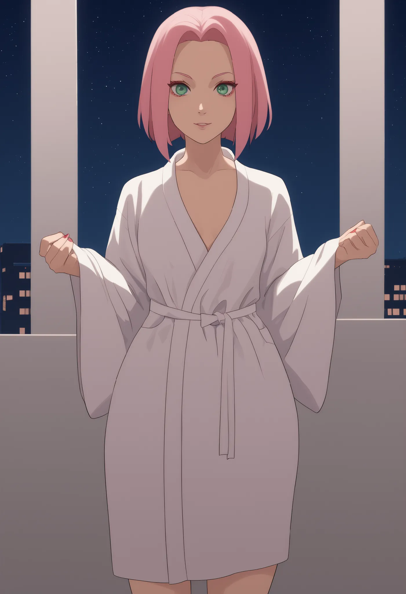 Sakura Haruno. small breasts, huge hips, pink hair, medium hair, light green eyes, thin lips, very fair skin, big forehead. | Score 9, Score 8, Score 7, Score 6, Score 5, Score 4, Masterpiece, Superior Quality, Amazing Quality, Masterpiece, Maximum Quality...