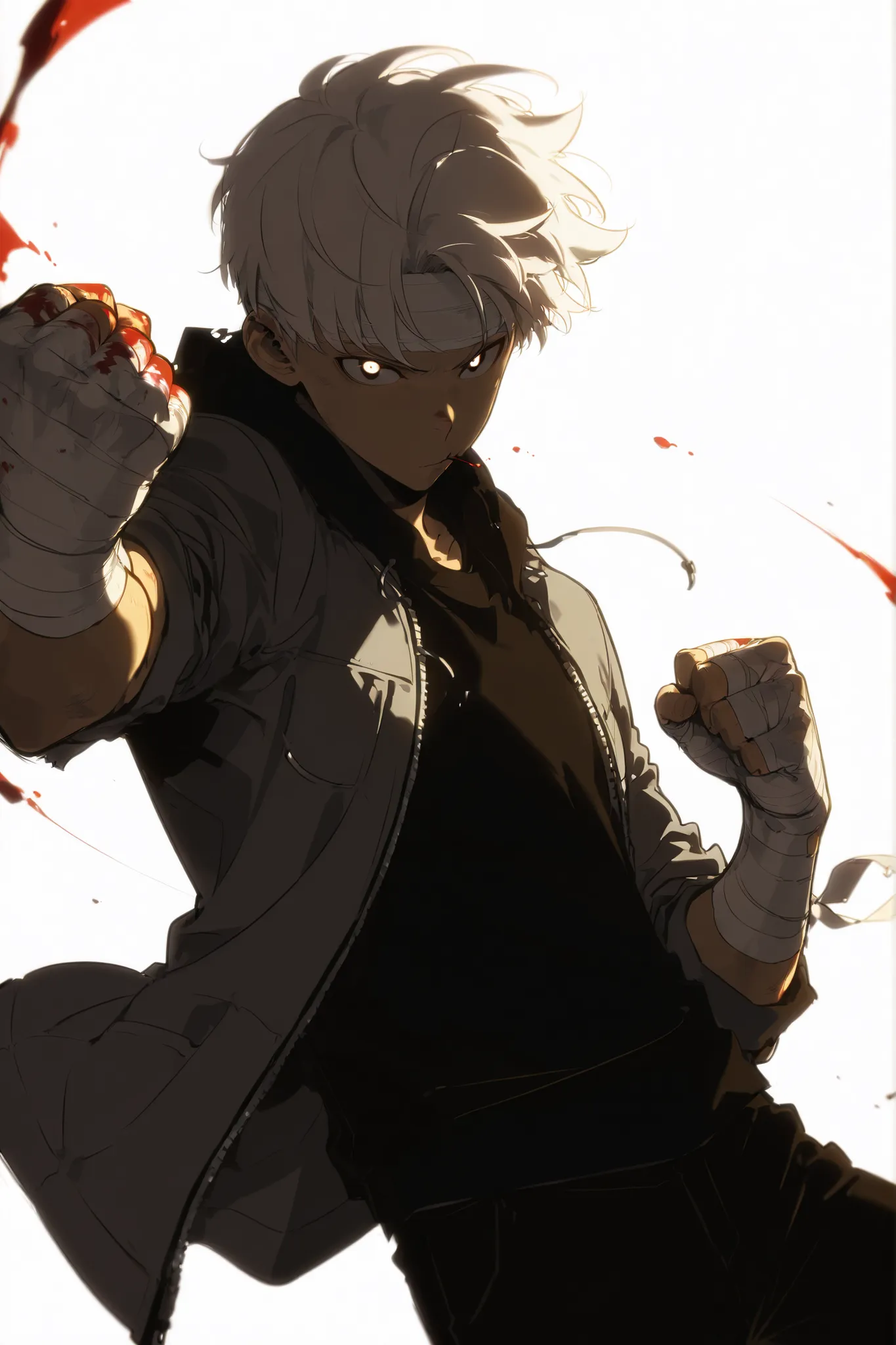 Handsome, Athletic, alone, male, Short spicky hair, long white hair, black orange eye, black shirt, white orange and black unzipped hoodie with rolled up sleeves, black pants, , intricate sketch, expressive eyes nose and mouth, simple pose, clench fist, bl...