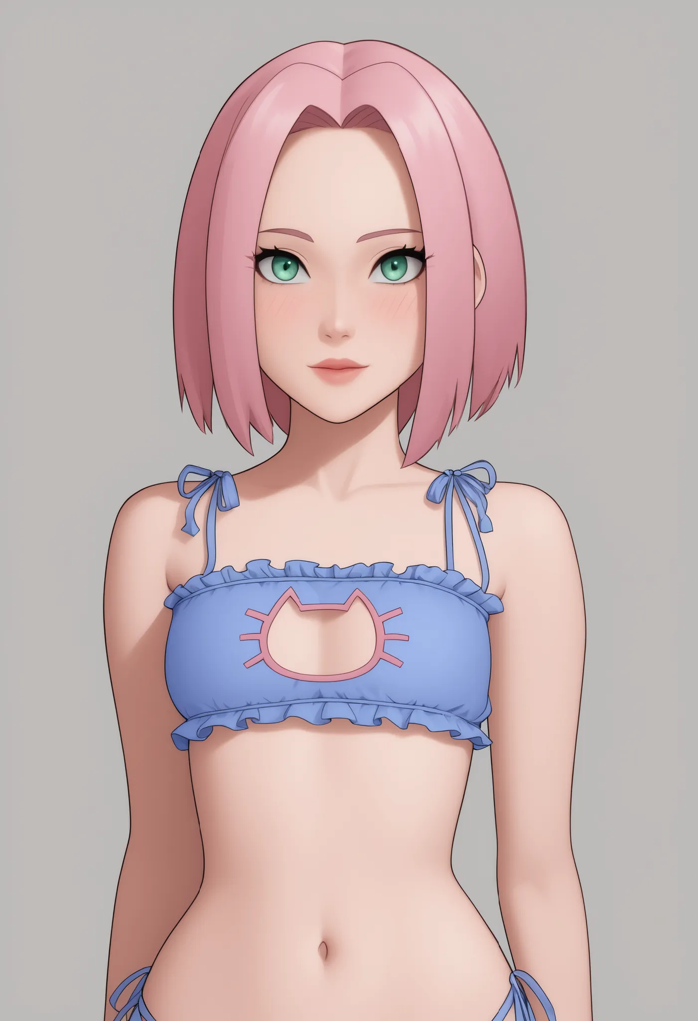 Sakura Haruno. small breasts, huge hips, pink hair, medium hair, light green eyes, thin lips, very fair skin, big forehead. | masterpiece, best quality, amazing quality, cowboy_shot, bedroom_background, ((( cat lingerie, upper body))), masterpiece, best qu...