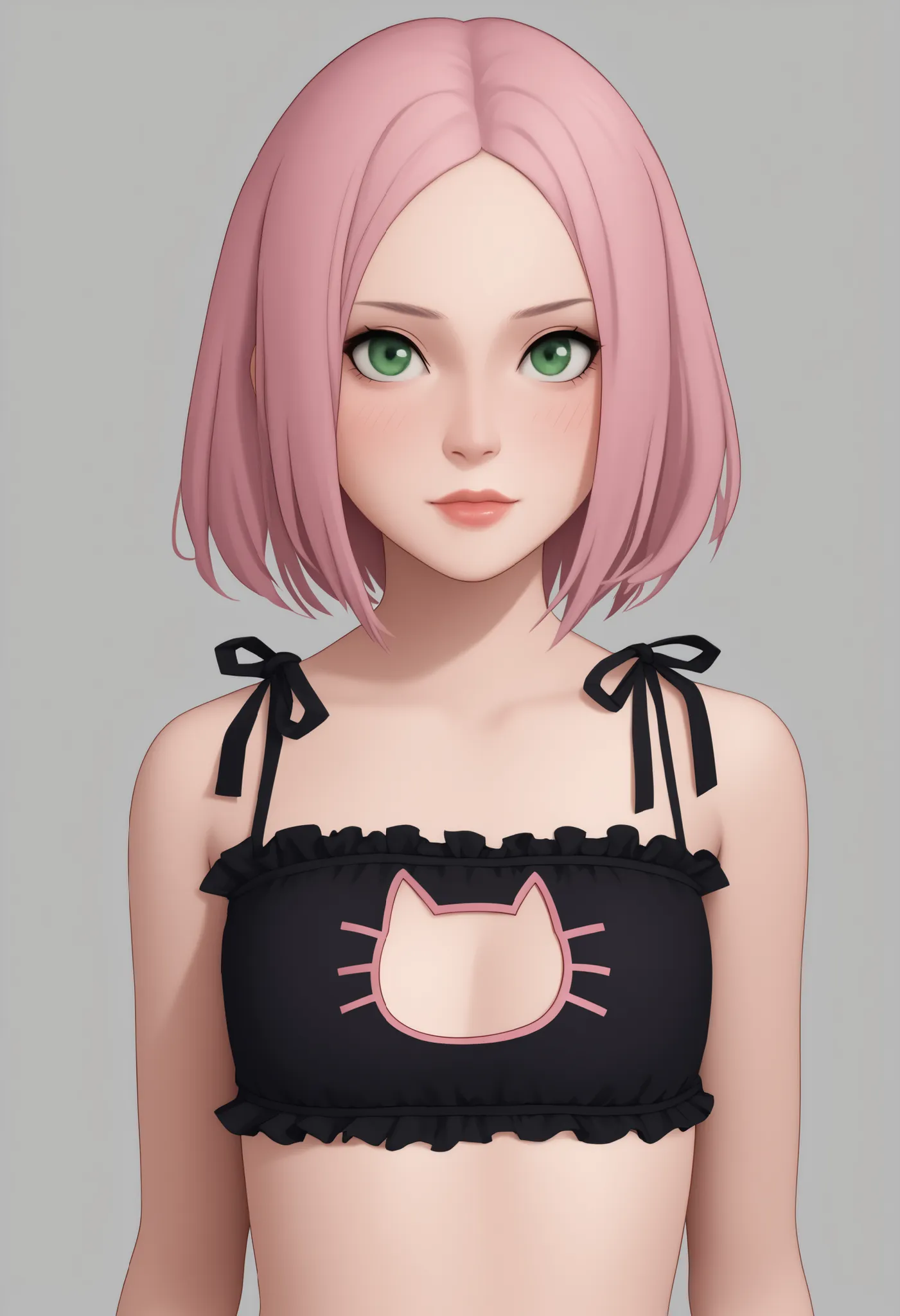Sakura Haruno. small breasts, huge hips, pink hair, medium hair, light green eyes, thin lips, very fair skin, big forehead. | masterpiece, best quality, amazing quality, cowboy_shot, bedroom_background, ((( cat lingerie, upper body))), masterpiece, best qu...